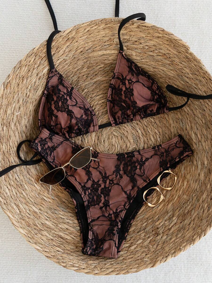 Women's apricot 2-piece halter bikini set featuring a wireless triangle top with tie-back detail and high-waisted high-cut bottoms.