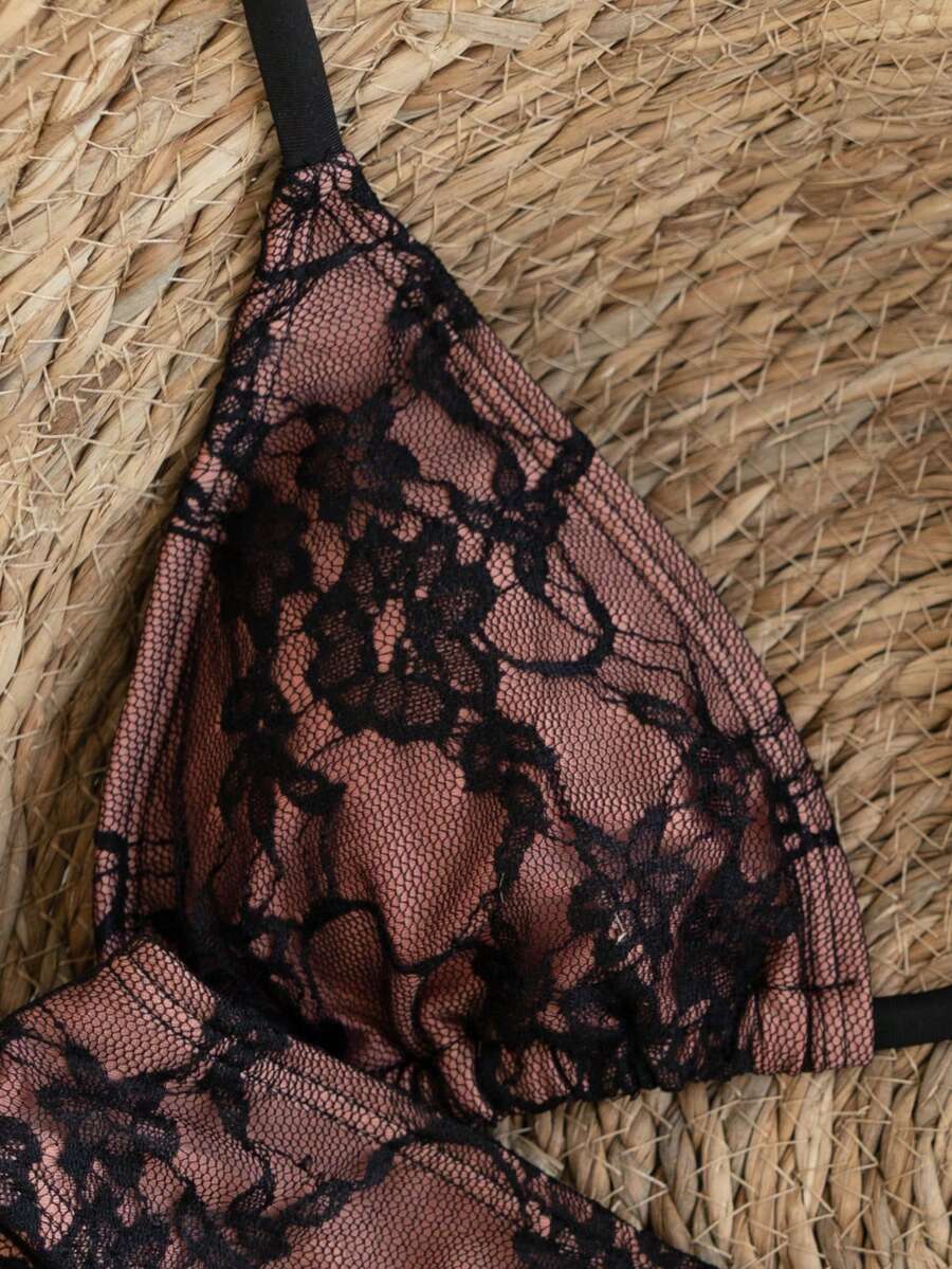 Women's apricot 2-piece halter bikini set featuring a wireless triangle top with tie-back detail and high-waisted high-cut bottoms.