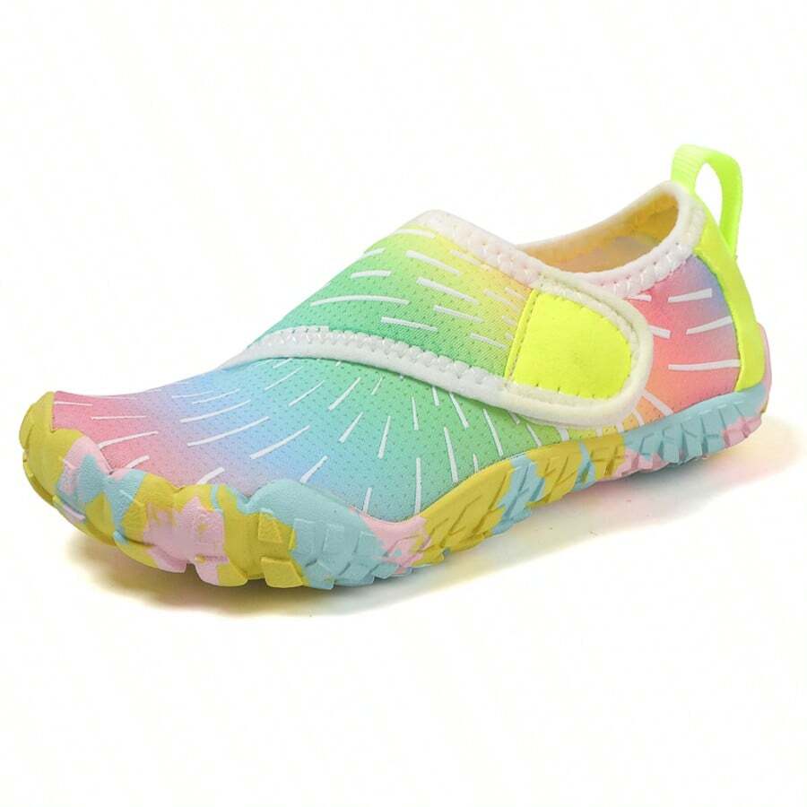 Multicolor kids water shoes with breathable mesh upper, luminous accents, and durable rubber sole with hook and loop closure.
