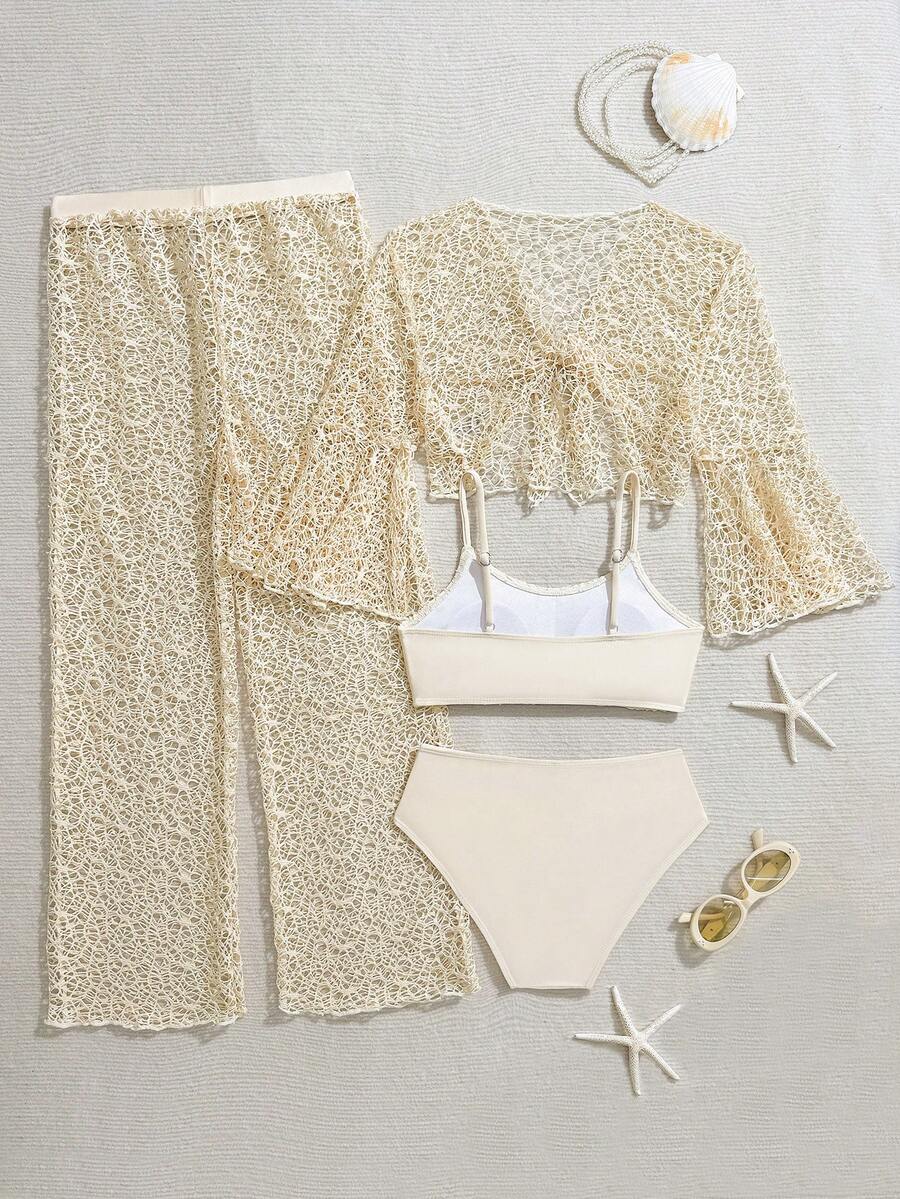 Blue 4-piece bikini set for tween girls featuring a ruffle spaghetti strap top, mid-waist bottoms, and an openwork netting knit cover-up.