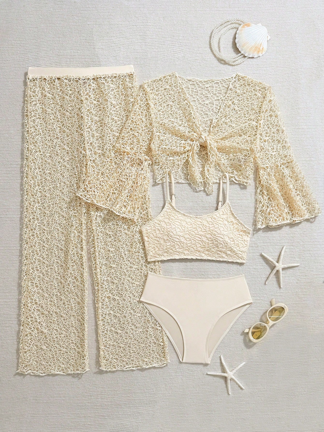 Tween girls beige bikini set with long sleeve round neck top, hollow-out asymmetrical details, mid-waist bottoms, and cover up for beach or vacation swimwear