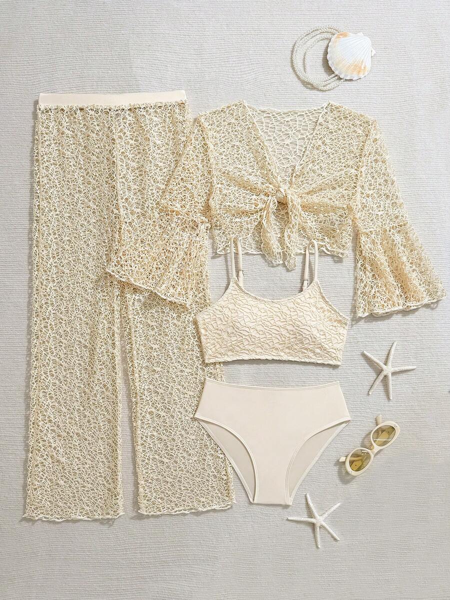 Tween girls beige bikini set with long sleeve round neck top, hollow-out asymmetrical details, mid-waist bottoms, and cover up for beach or vacation swimwear