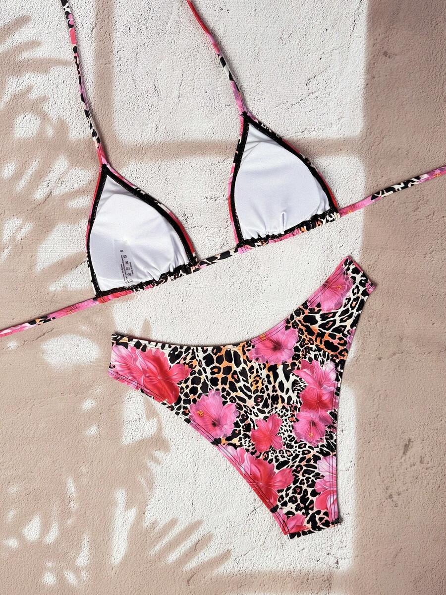 Women's apricot 2-piece halter bikini set featuring a wireless triangle top with tie-back detail and high-waisted high-cut bottoms.