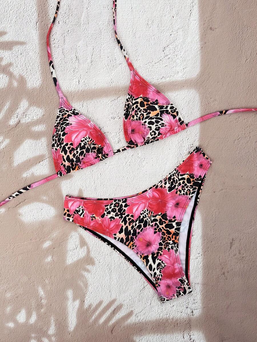 Women's apricot 2-piece halter bikini set featuring a wireless triangle top with tie-back detail and high-waisted high-cut bottoms.