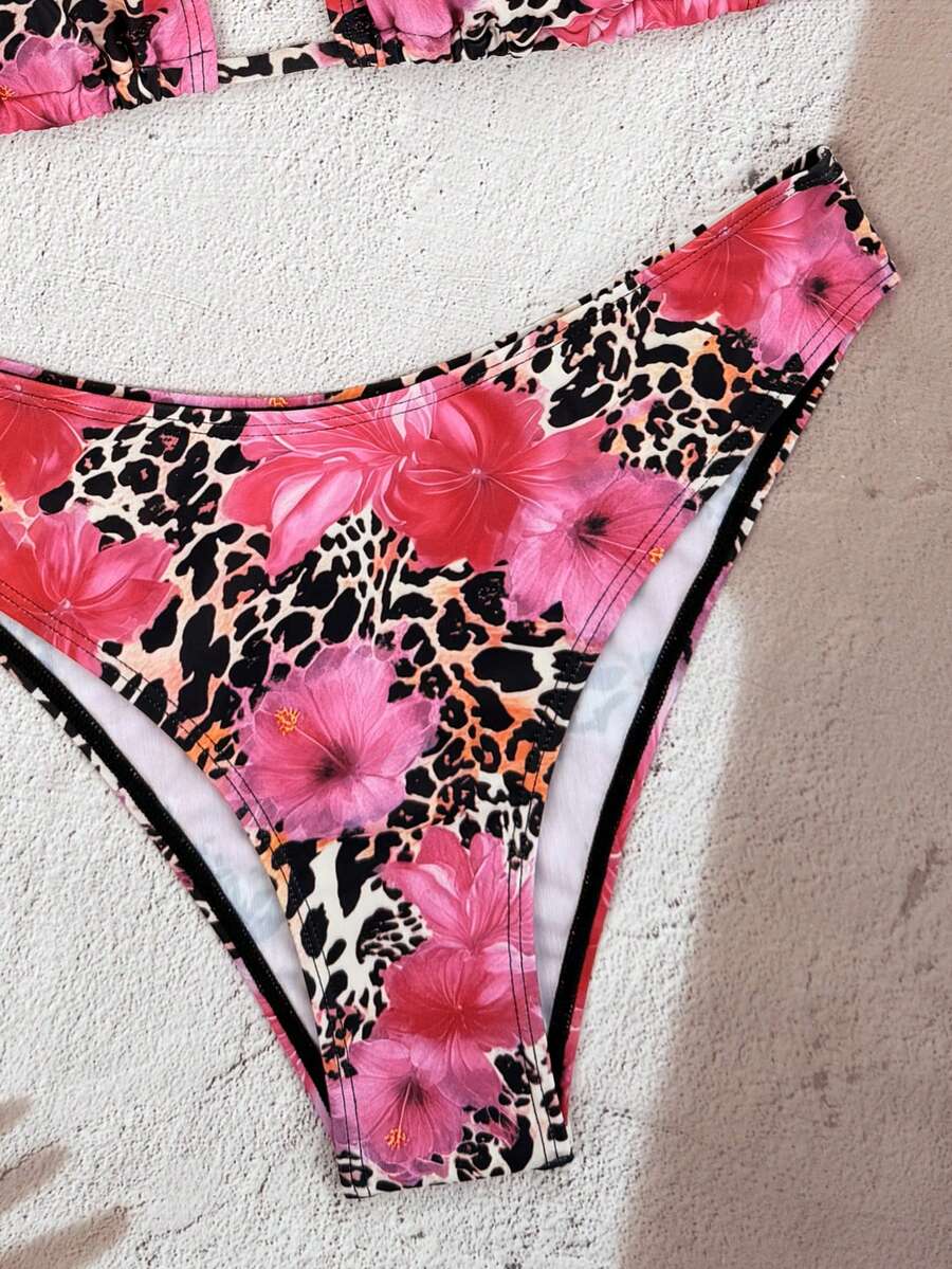 Women's apricot 2-piece halter bikini set featuring a wireless triangle top with tie-back detail and high-waisted high-cut bottoms.