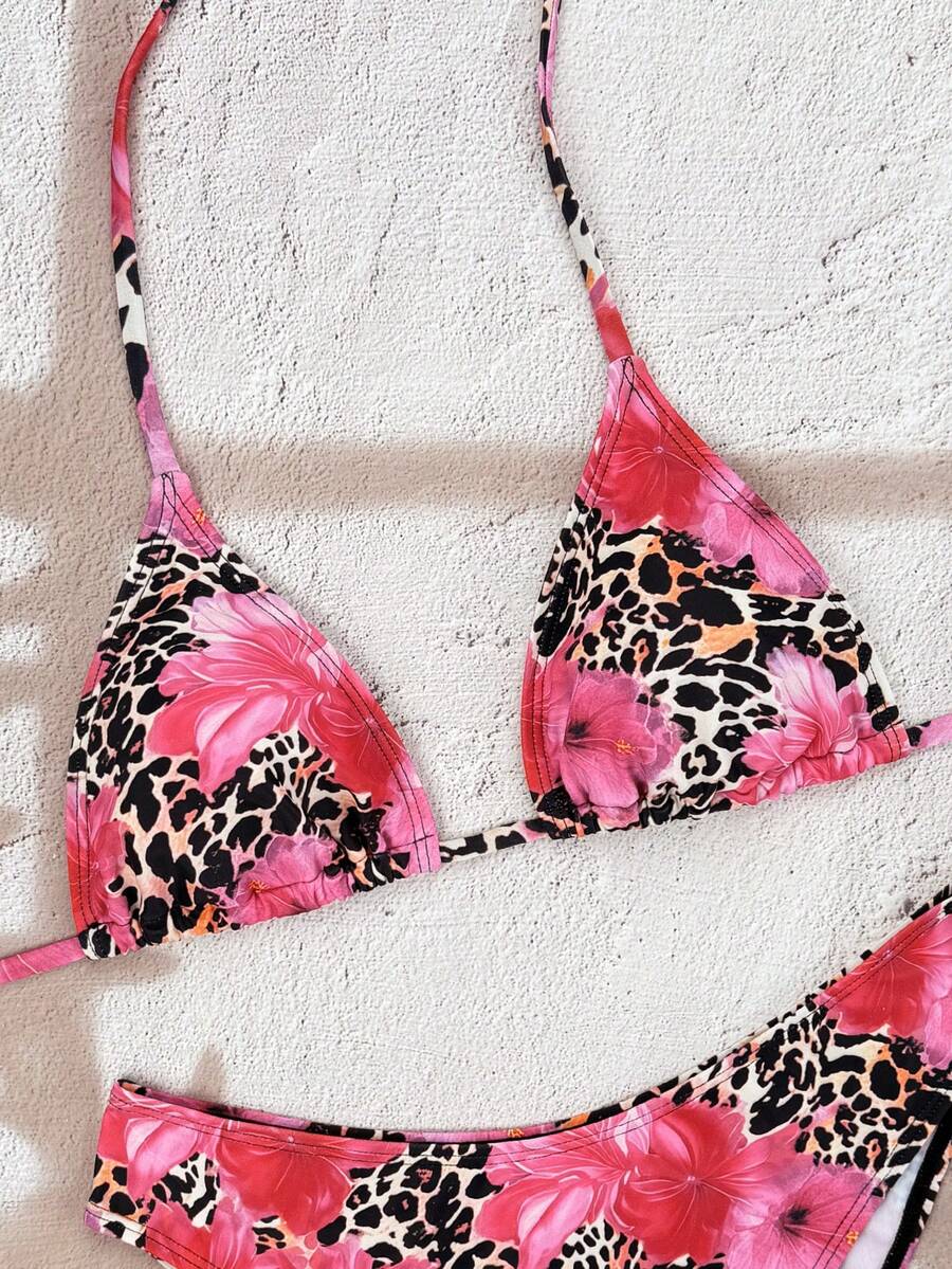 Women's apricot 2-piece halter bikini set featuring a wireless triangle top with tie-back detail and high-waisted high-cut bottoms.