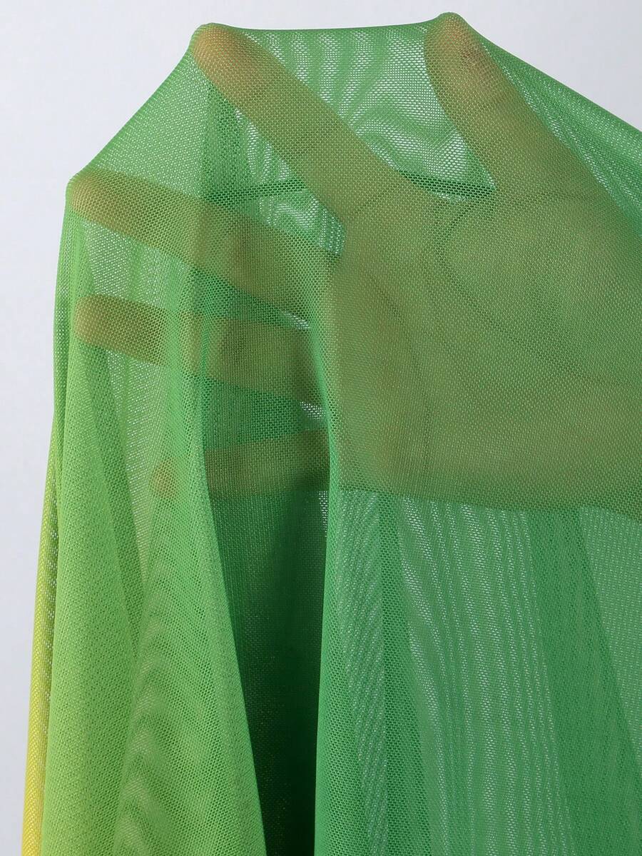 Women's 3-piece gradient bikini set featuring a green halter tie top with removable padding, low waist bottoms, and a matching sheer mesh skirt.