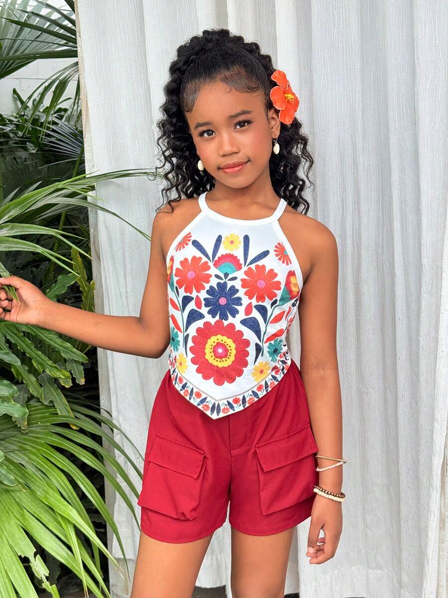 Girls 2-piece vacation outfit set with sleeveless halter knit crop top and graphic cargo shorts.