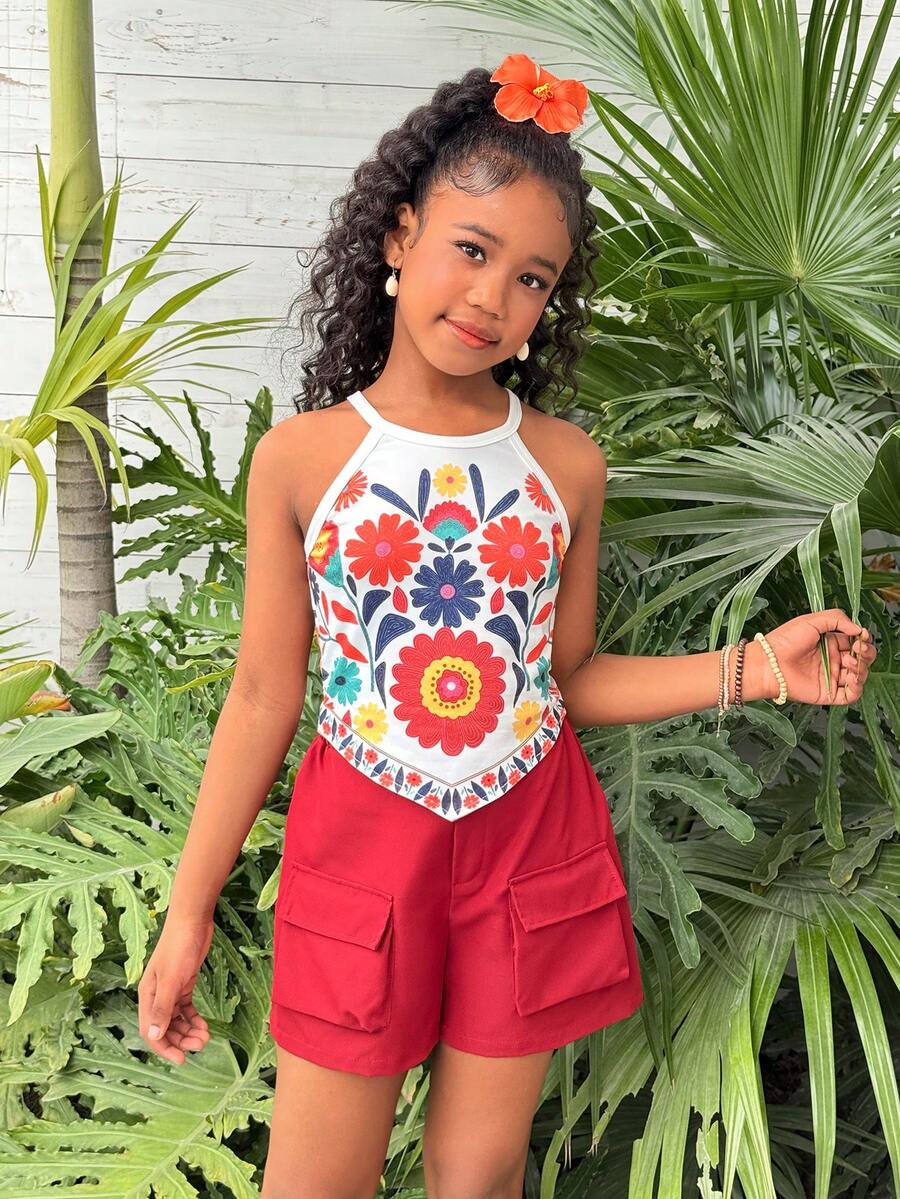 Girls 2-piece vacation outfit set with sleeveless halter knit crop top and graphic cargo shorts.