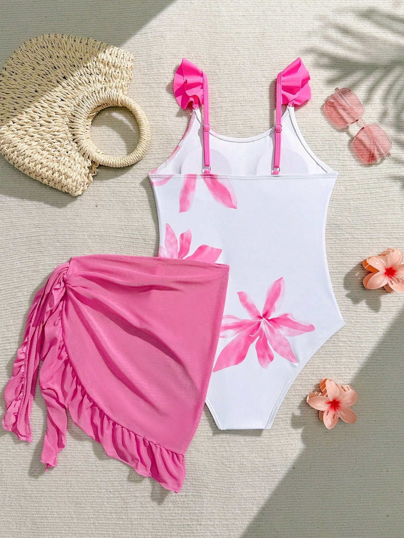 Tween Girls Floral Print One-Piece Swimsuit With Tie-Front Skirt Hibiscus Swimsuit Girls Black With Pink Flower Swimsuit Tween Hawaiian Outfit Black One Piece Bathing Suit With Skirt