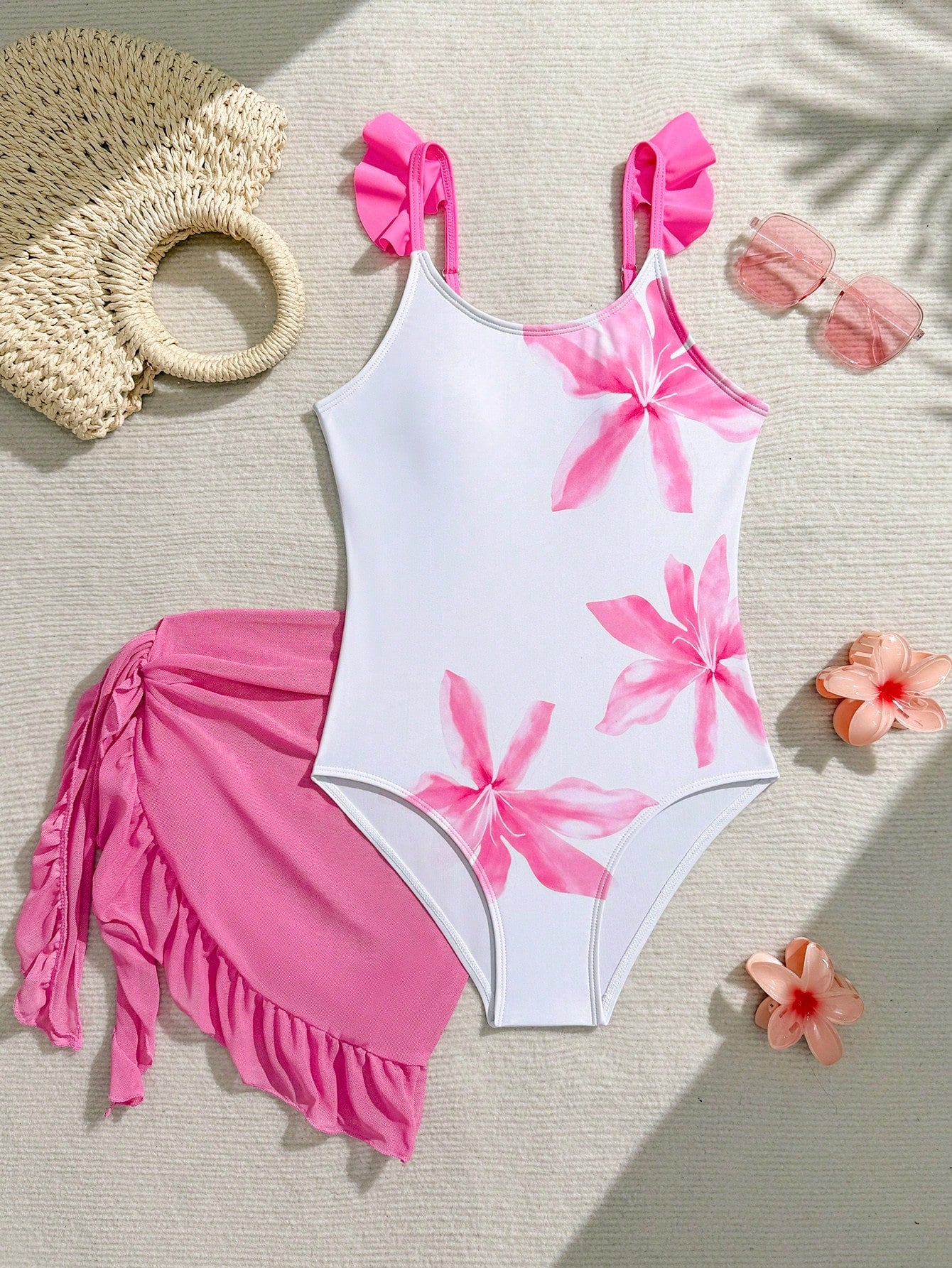 Tween Girls Floral Print One-Piece Swimsuit With Tie-Front Skirt Hibiscus Swimsuit Girls Black With Pink Flower Swimsuit Tween Hawaiian Outfit Black One Piece Bathing Suit With Skirt