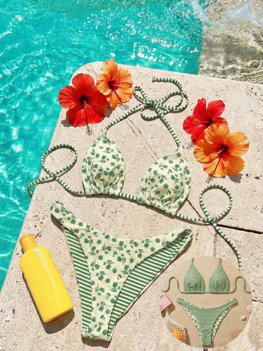 Women's two-piece halter bikini set featuring high cut thong bottoms and removable padding