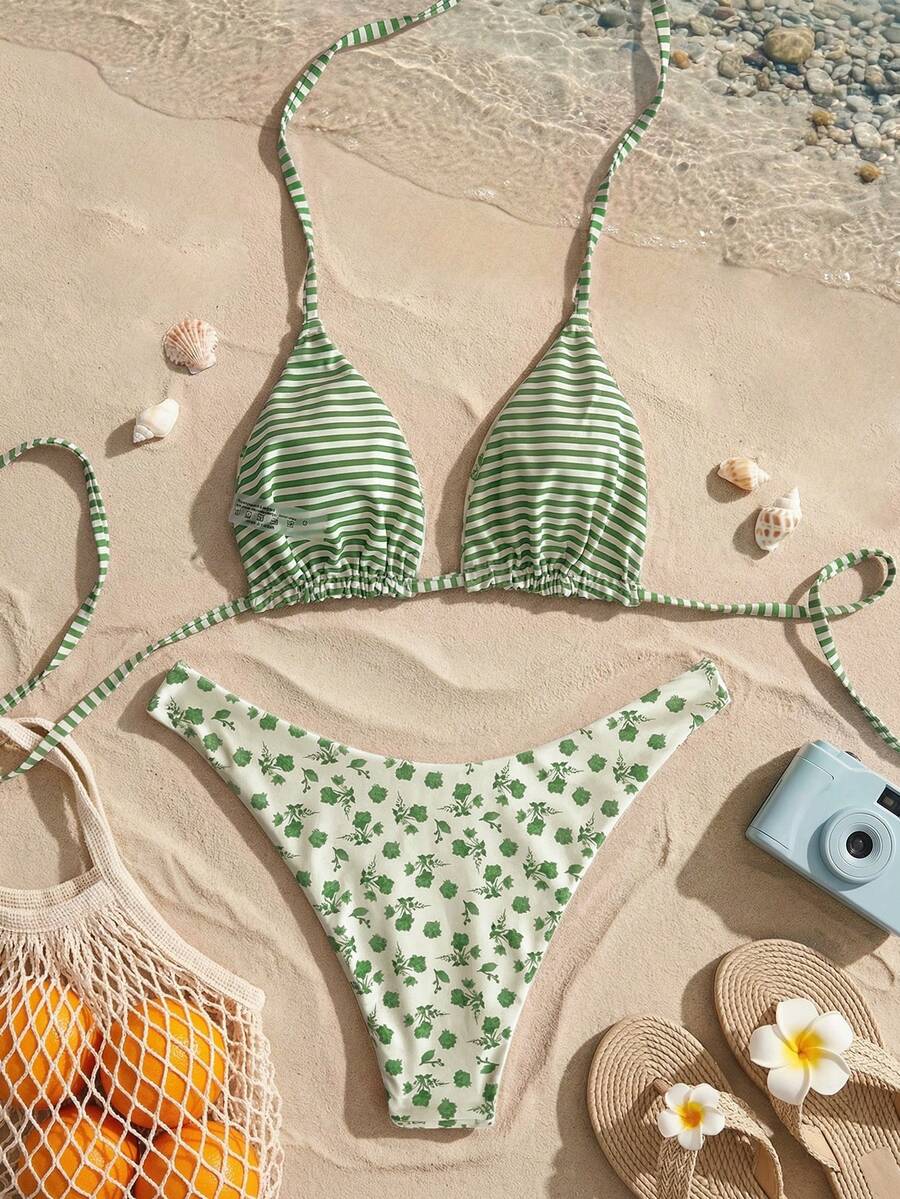 Women's two-piece halter bikini set featuring high cut thong bottoms and removable padding