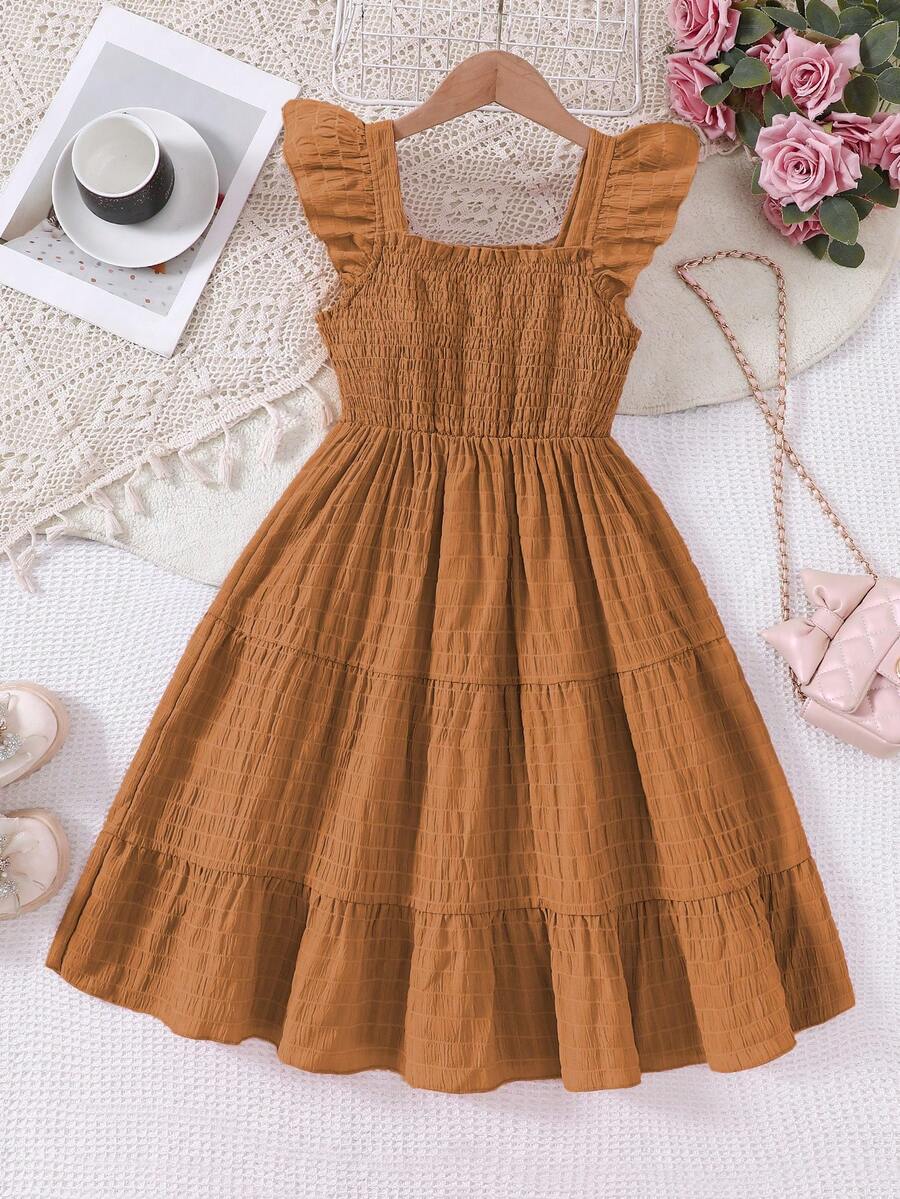 Tween girls casual long dress featuring a square neck, tiered ruffle layers, high waist shirred waist, and flounce hem.