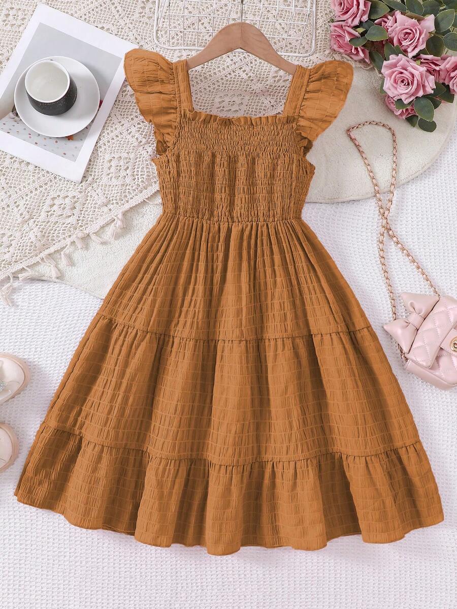 Tween girls casual long dress featuring a square neck, tiered ruffle layers, high waist shirred waist, and flounce hem.