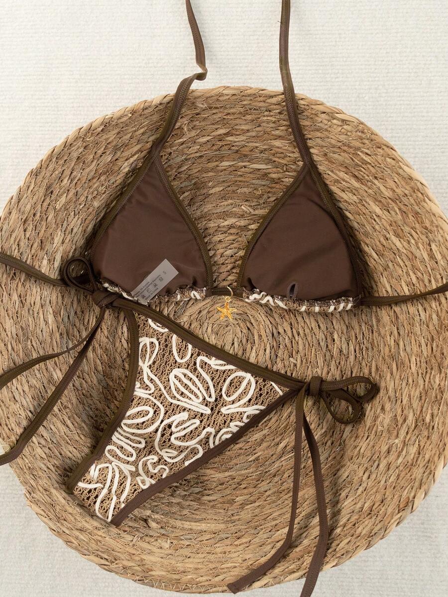 Apricot 2-piece bikini swimwear set featuring a textured halter triangle cup top with knot details and matching tie-side bottoms for women.
