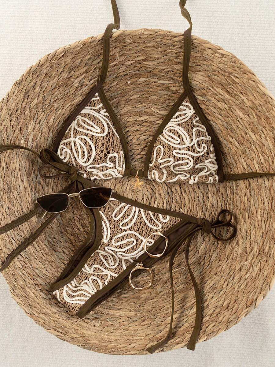 Apricot 2-piece bikini swimwear set featuring a textured halter triangle cup top with knot details and matching tie-side bottoms for women.