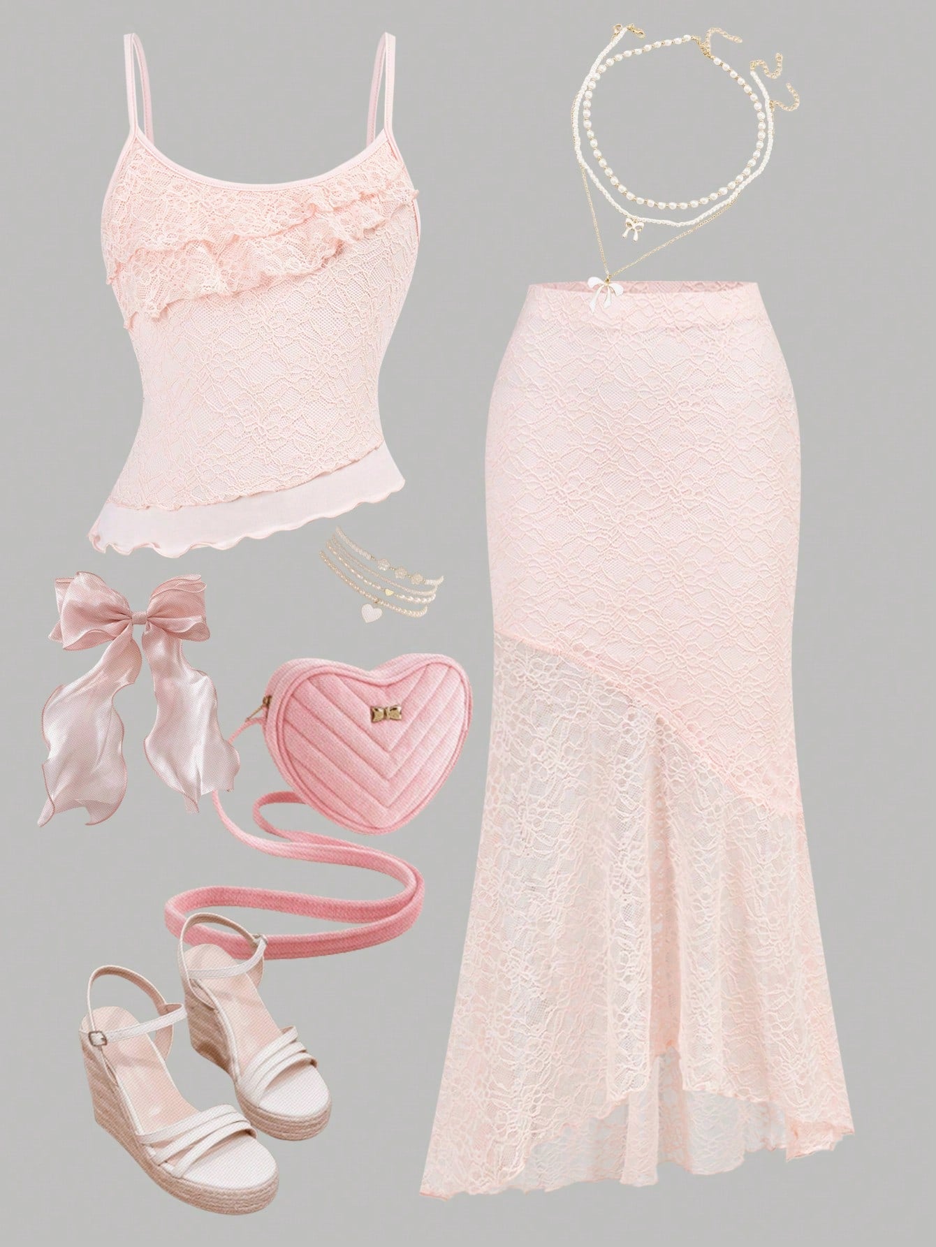 Tween girls blue 2-piece set featuring a short spaghetti strap lace tank top with asymmetrical lettuce trim and a long matching skirt.