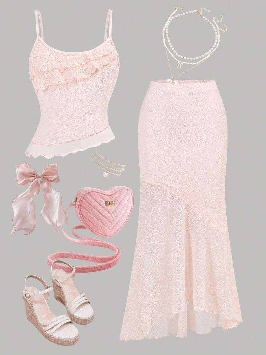 Tween girls blue 2-piece set featuring a short spaghetti strap lace tank top with asymmetrical lettuce trim and a long matching skirt.