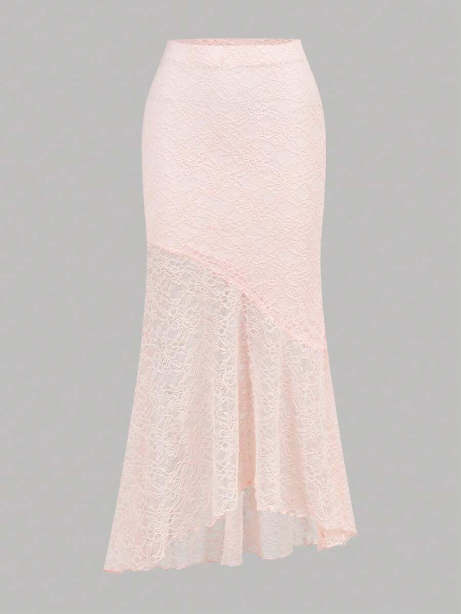 Tween girls blue 2-piece set featuring a short spaghetti strap lace tank top with asymmetrical lettuce trim and a long matching skirt.