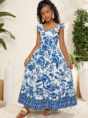 Tween girl multicolor floral vacation dress with square neck, ruffle details, shirred bodice, sleeveless A-line shape, high waist, and flounce hem.