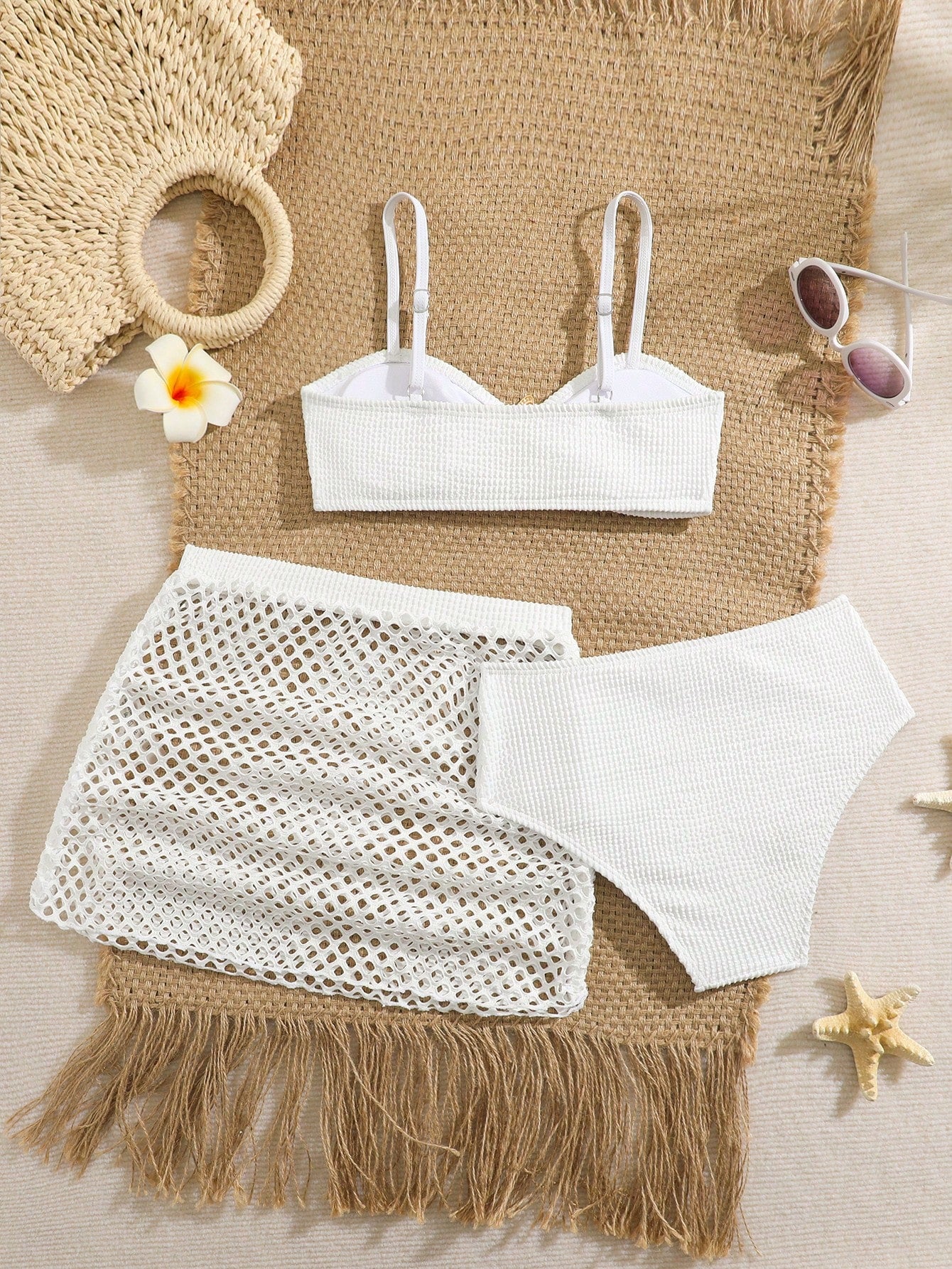 Pink Summer Cute Beach Holiday Tween Girl Elegant Bikini Set With Starfish Decor,Ruffle Beach Dress 3-Piece Children's Swimwear For Teenagers,Vacation