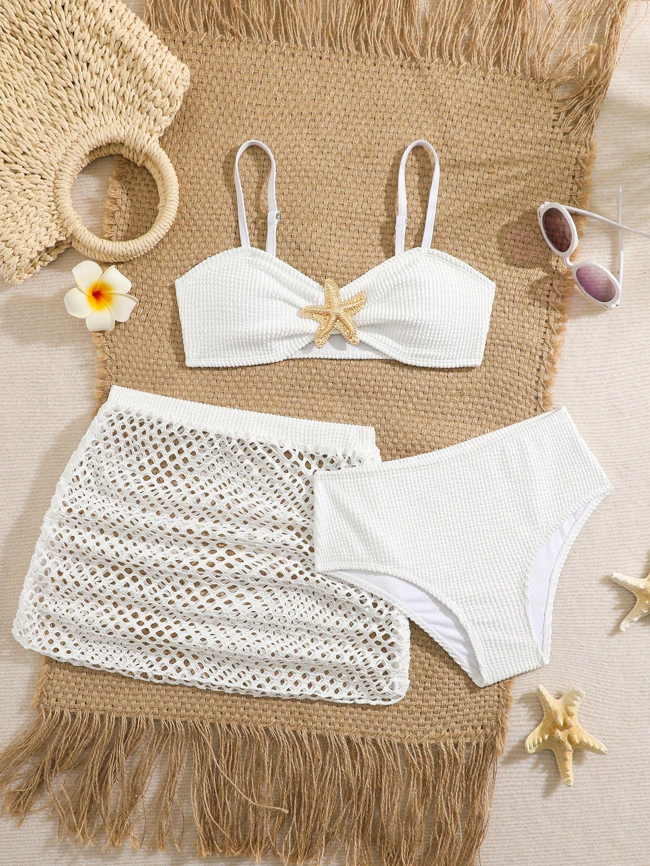 Pink Summer Cute Beach Holiday Tween Girl Elegant Bikini Set With Starfish Decor,Ruffle Beach Dress 3-Piece Children's Swimwear For Teenagers,Vacation