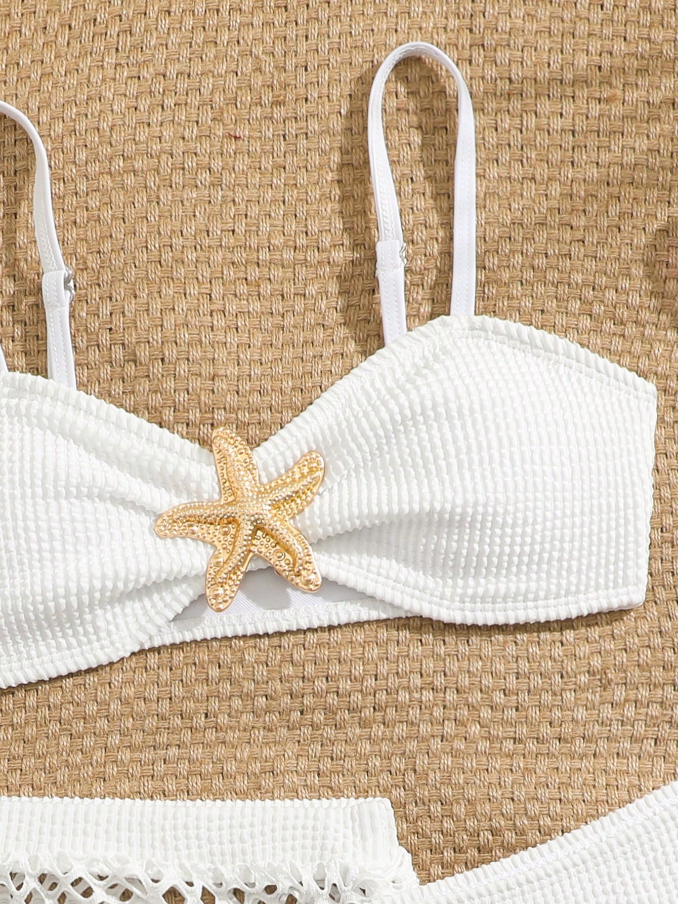 Pink Summer Cute Beach Holiday Tween Girl Elegant Bikini Set With Starfish Decor,Ruffle Beach Dress 3-Piece Children's Swimwear For Teenagers,Vacation
