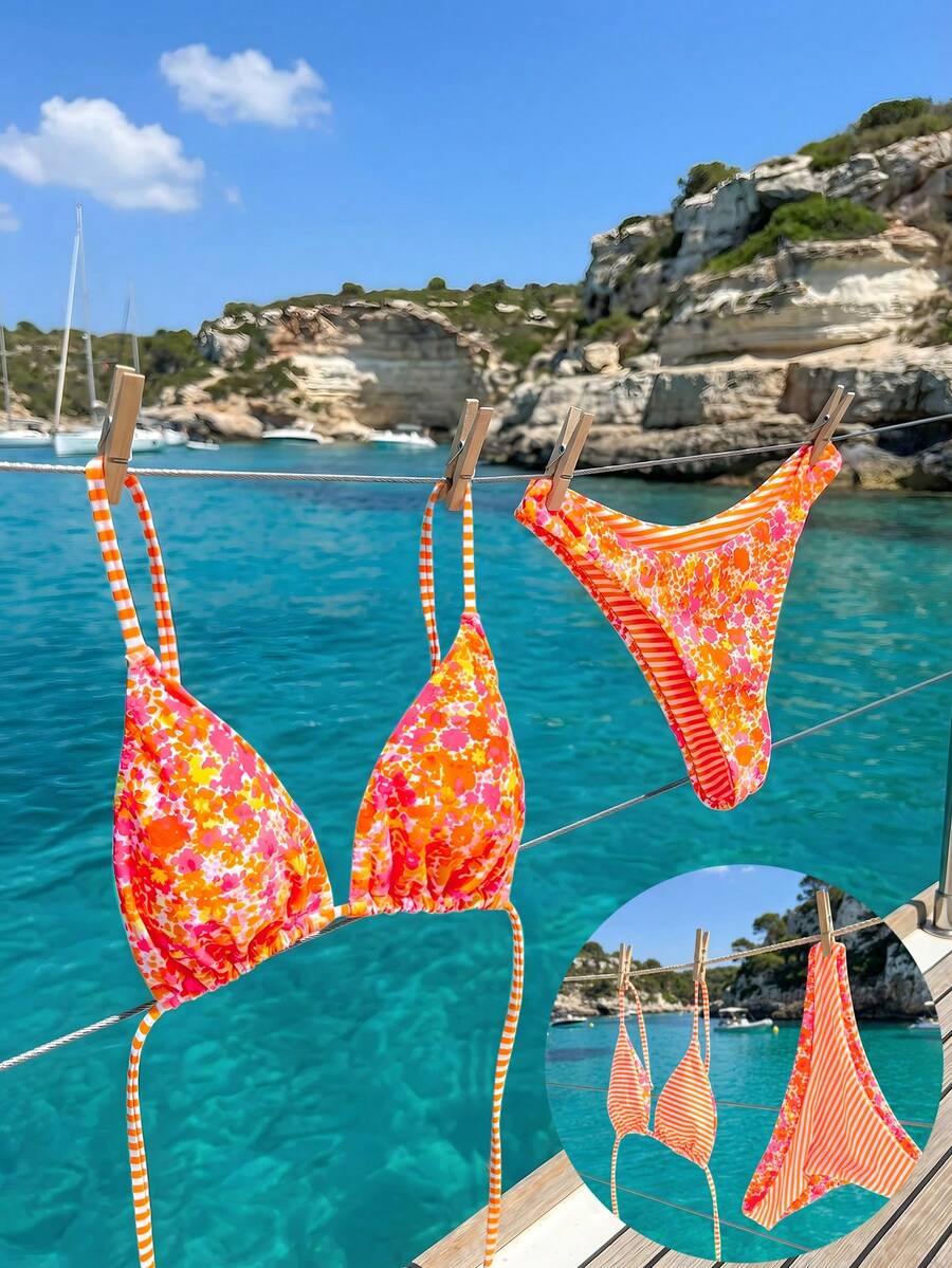 Women's two-piece halter bikini set featuring high cut thong bottoms and removable padding