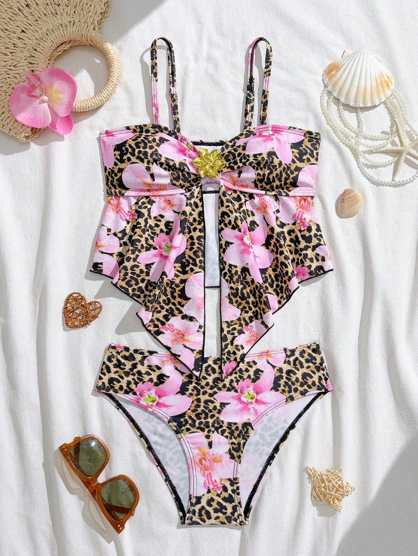 Tween girls 2-piece tankini swimwear set in apricot with a textured jacquard look, asymmetrical spaghetti-strap sleeveless top, and matching mid-waist short bikini bottoms.