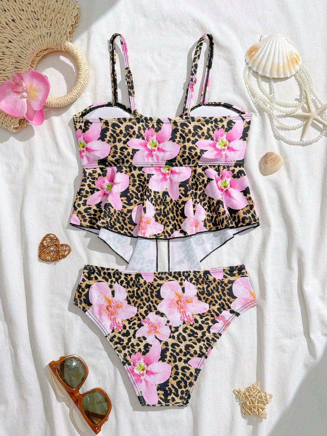 Tween girls 2-piece tankini swimwear set in apricot with a textured jacquard look, asymmetrical spaghetti-strap sleeveless top, and matching mid-waist short bikini bottoms.