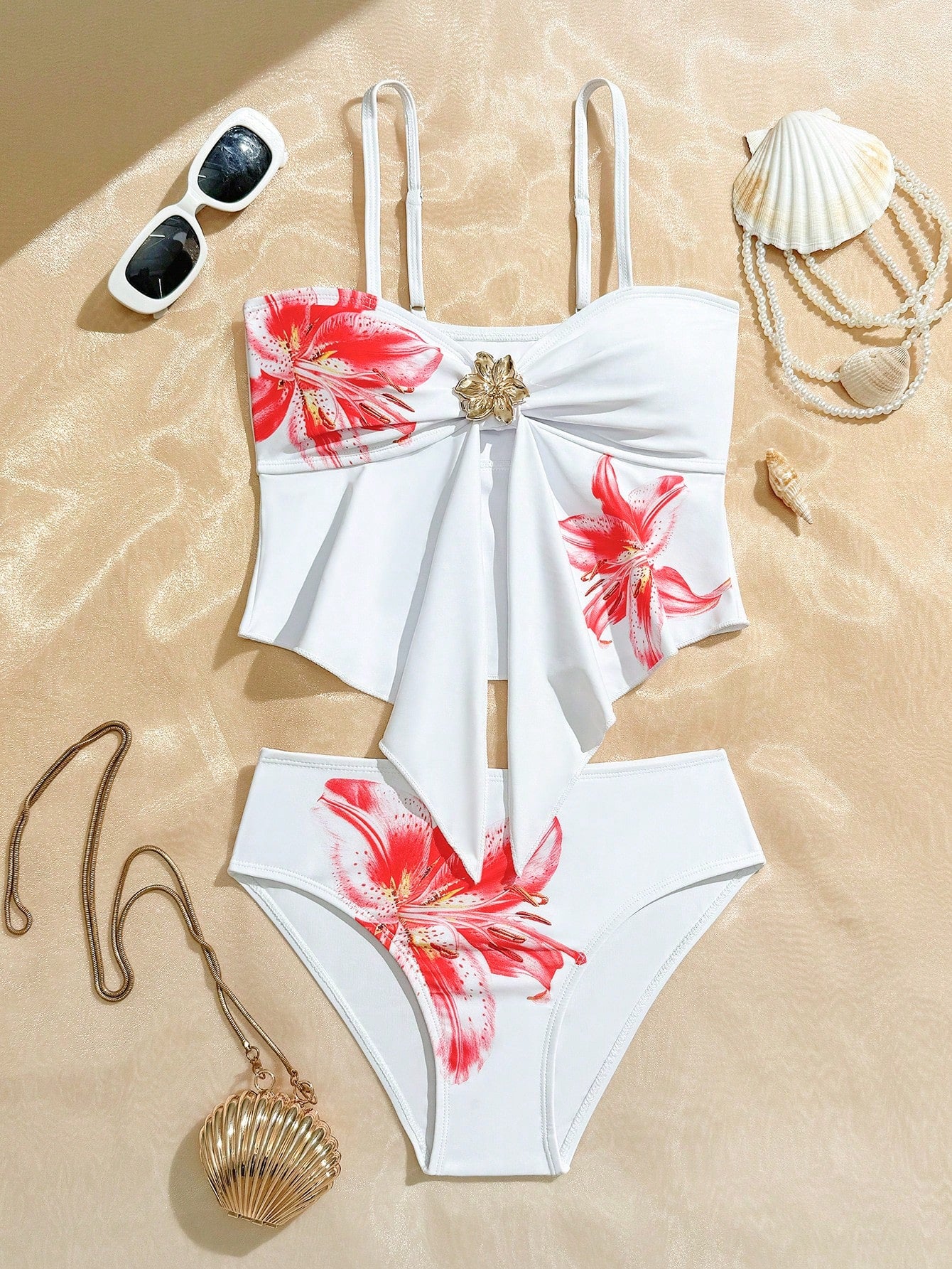 Tween girls 2-piece tankini swimwear set in apricot with a textured jacquard look, asymmetrical spaghetti-strap sleeveless top, and matching mid-waist short bikini bottoms.
