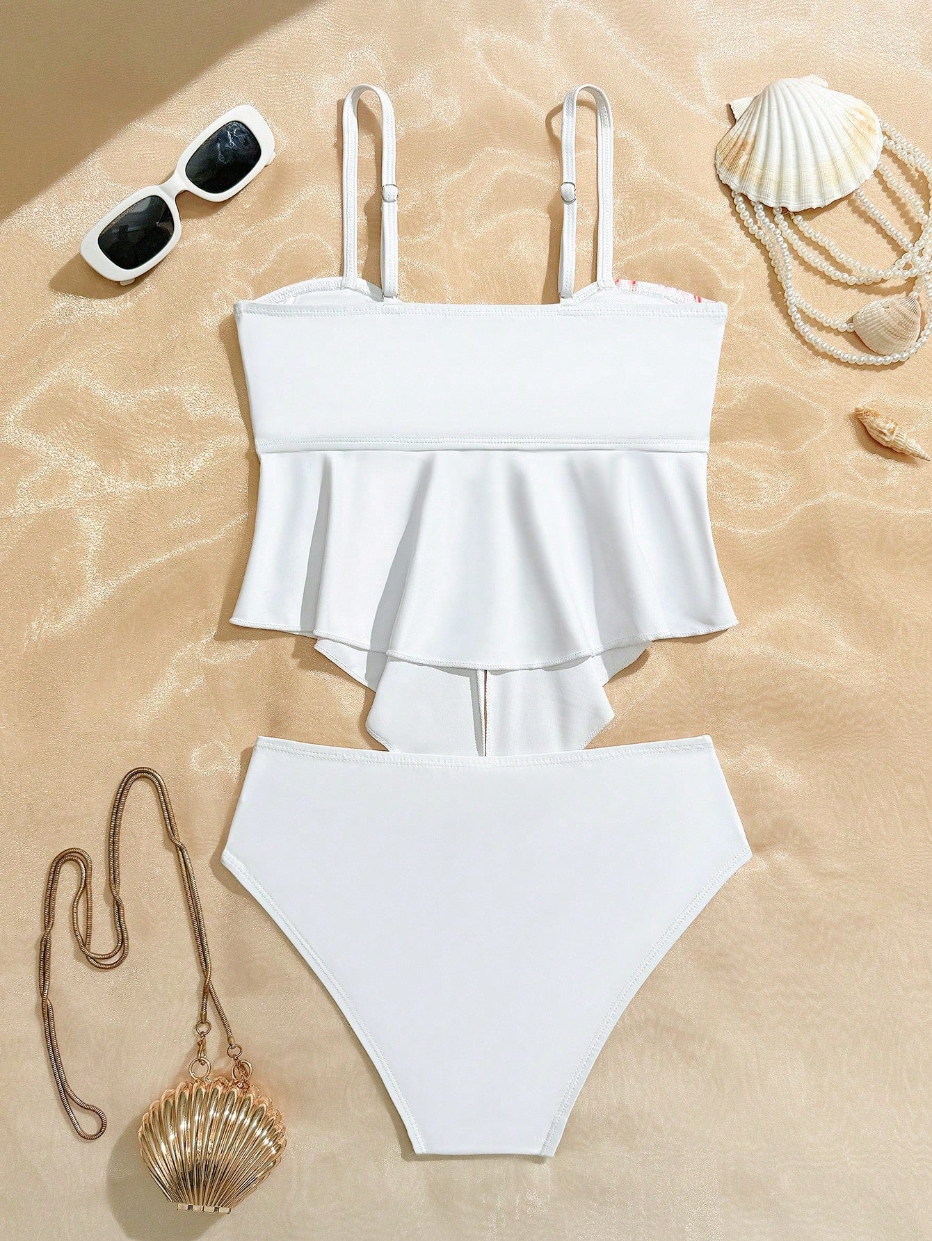 Tween girls 2-piece tankini swimwear set in apricot with a textured jacquard look, asymmetrical spaghetti-strap sleeveless top, and matching mid-waist short bikini bottoms.