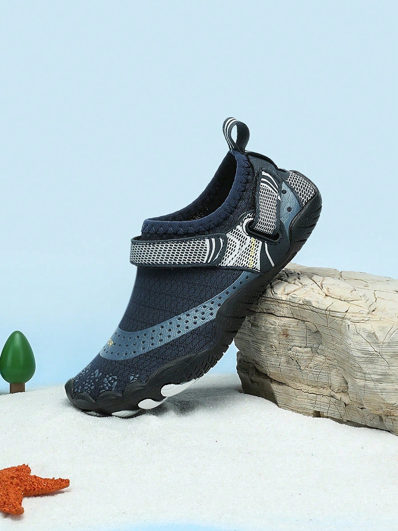 Boys grey breathable fabric water shoes featuring hook and loop closure and durable rubber sole.