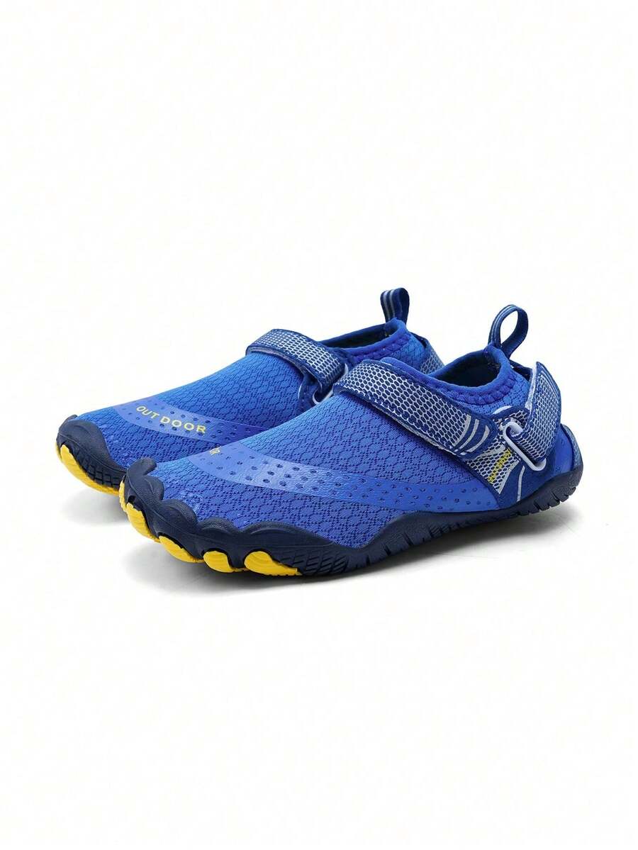 Boys grey breathable fabric water shoes featuring hook and loop closure and durable rubber sole.