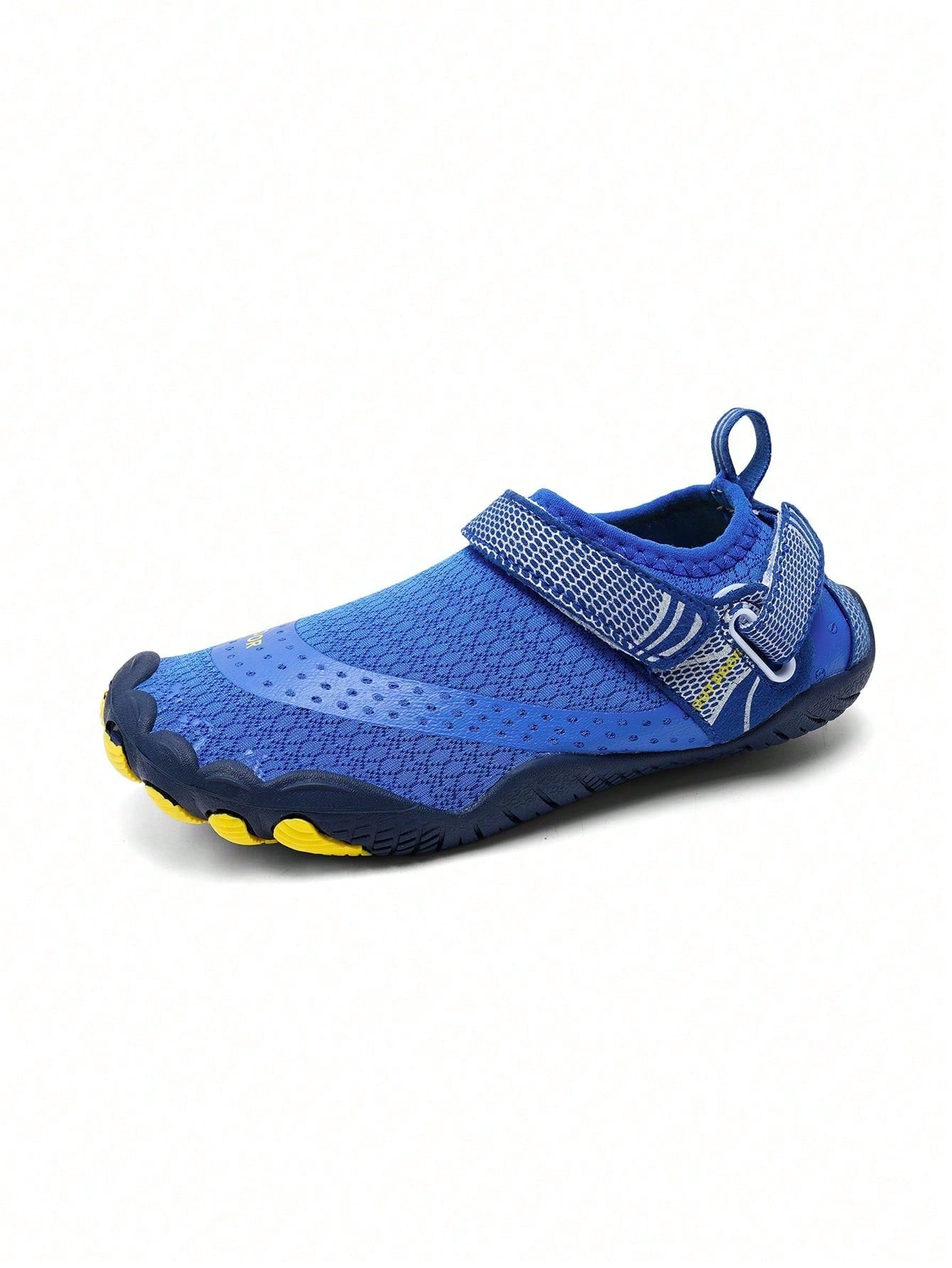 Boys grey breathable fabric water shoes featuring hook and loop closure and durable rubber sole.