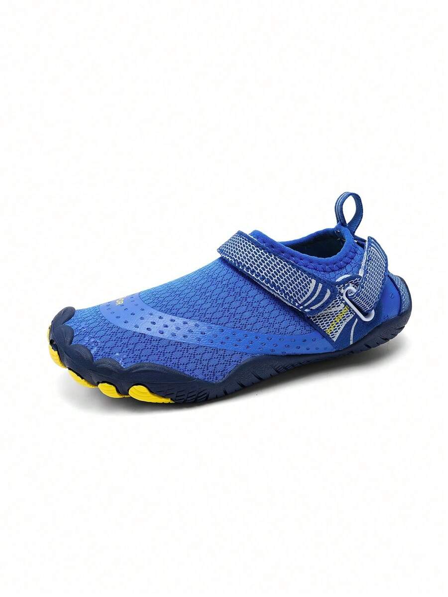Boys grey breathable fabric water shoes featuring hook and loop closure and durable rubber sole.