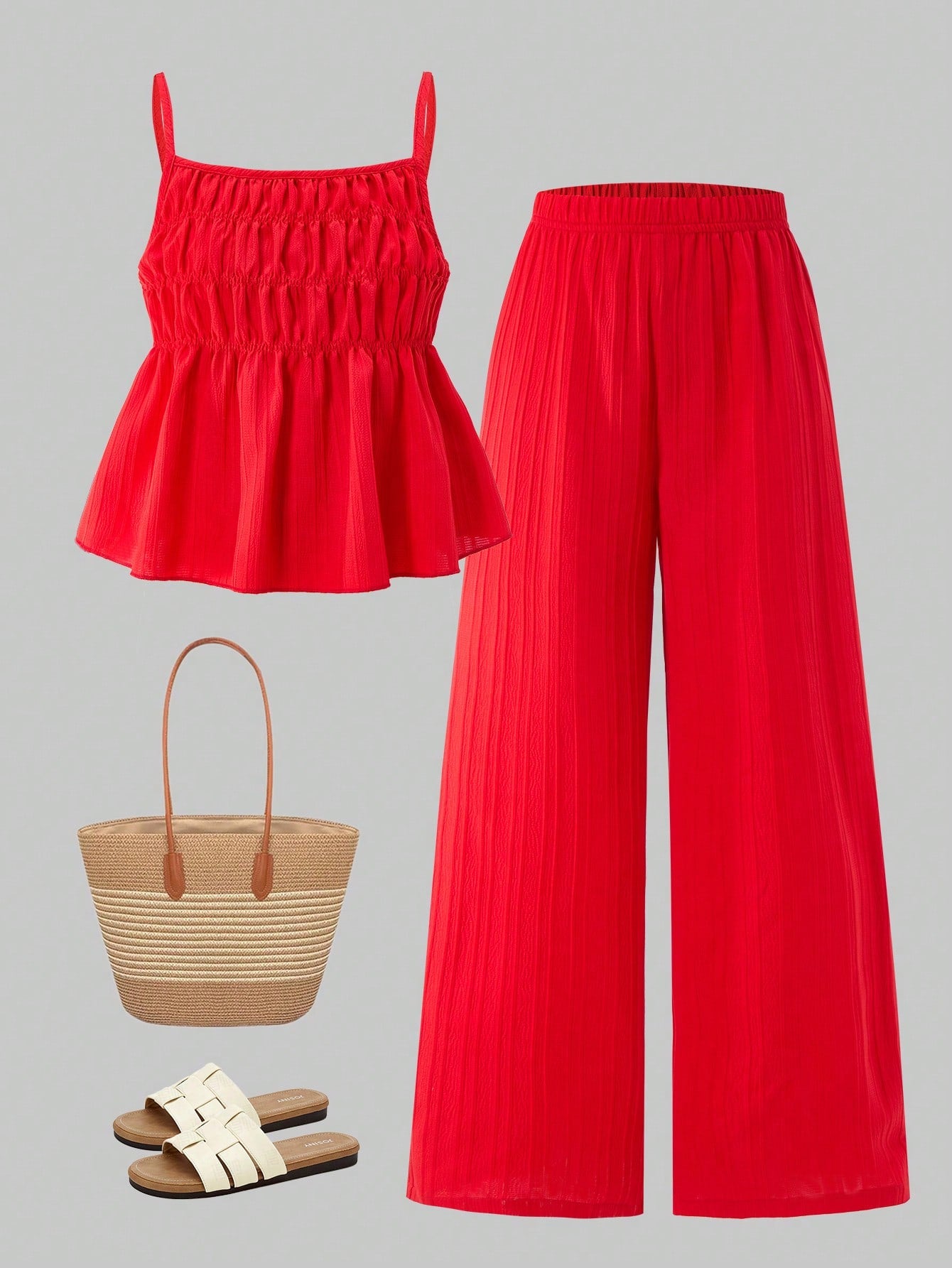 Tween girl wearing an apricot 2-piece outfit set featuring a shirred spaghetti strap short cami top and matching wide-leg long pants.