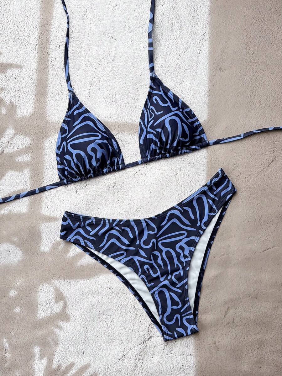 Women's apricot 2-piece halter bikini set featuring a wireless triangle top with tie-back detail and high-waisted high-cut bottoms.