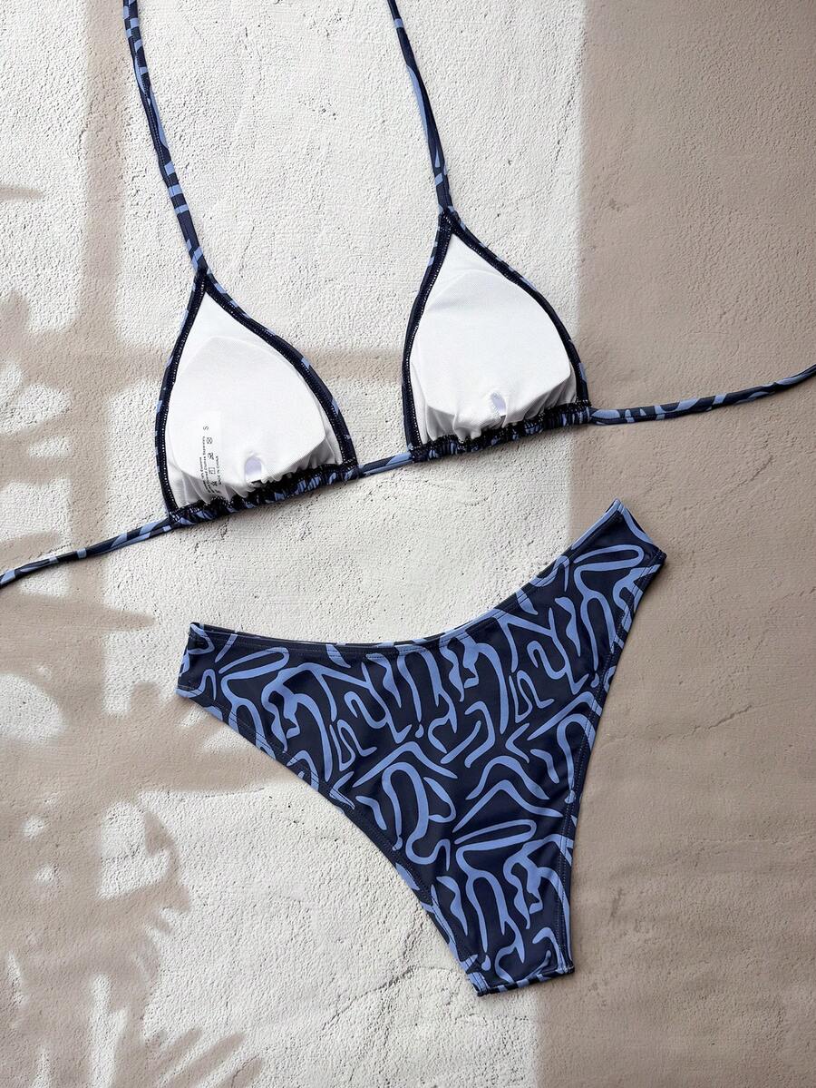 Women's apricot 2-piece halter bikini set featuring a wireless triangle top with tie-back detail and high-waisted high-cut bottoms.
