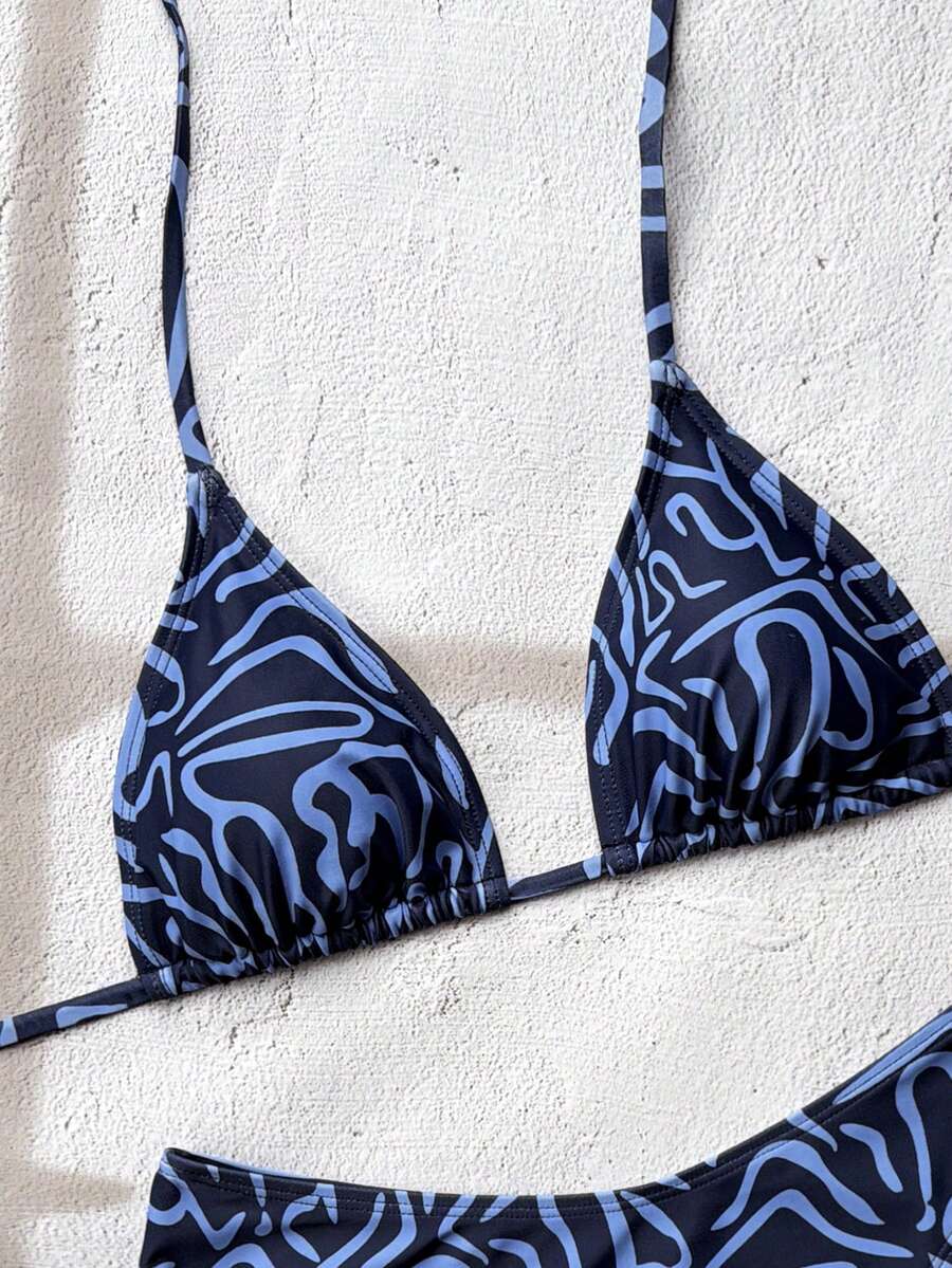 Women's apricot 2-piece halter bikini set featuring a wireless triangle top with tie-back detail and high-waisted high-cut bottoms.