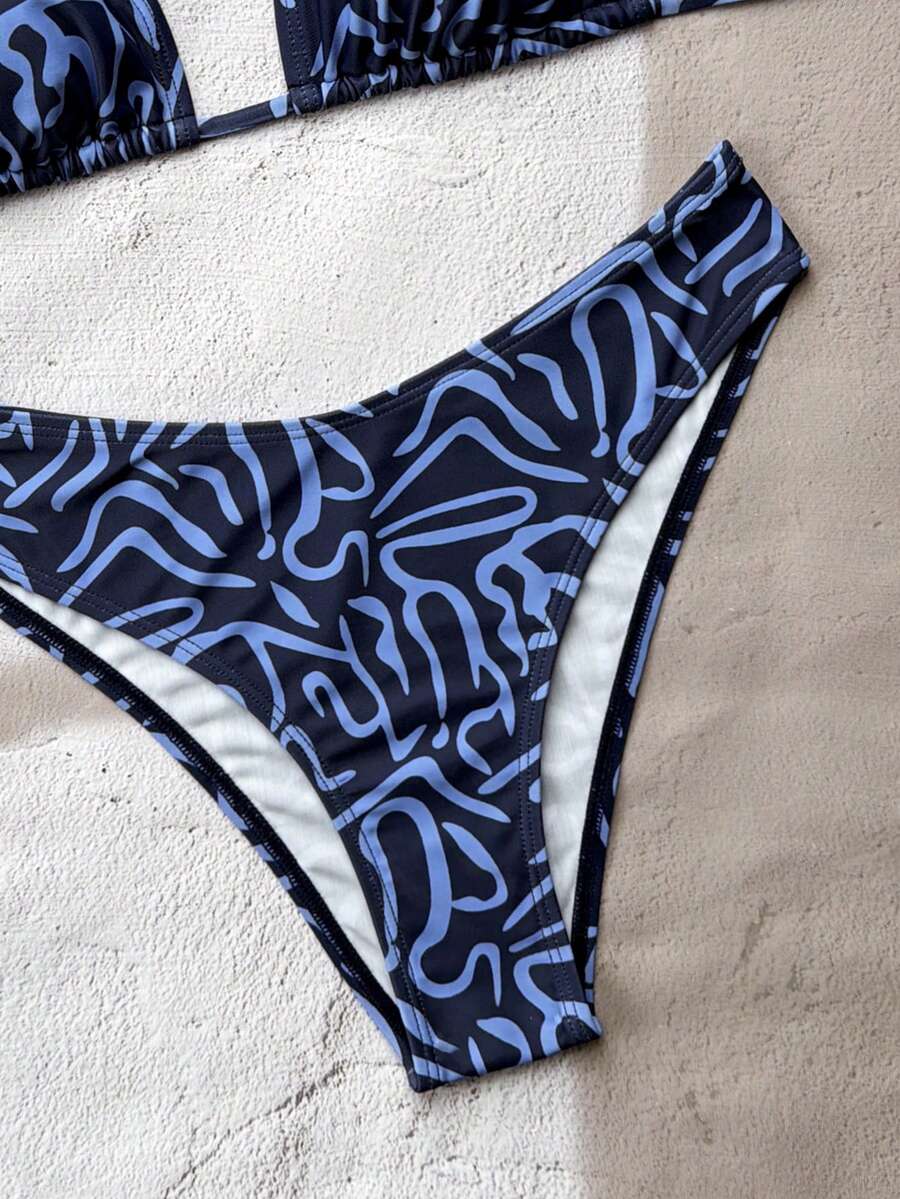 Women's apricot 2-piece halter bikini set featuring a wireless triangle top with tie-back detail and high-waisted high-cut bottoms.