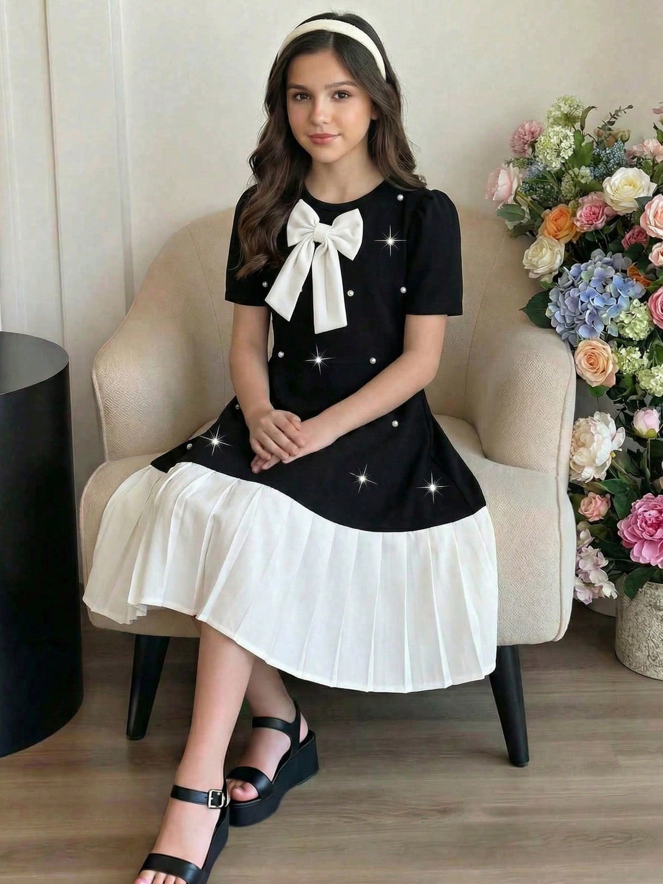 Tween girls apricot short-sleeve pleated smock dress with 3D bow decor and round neckline.