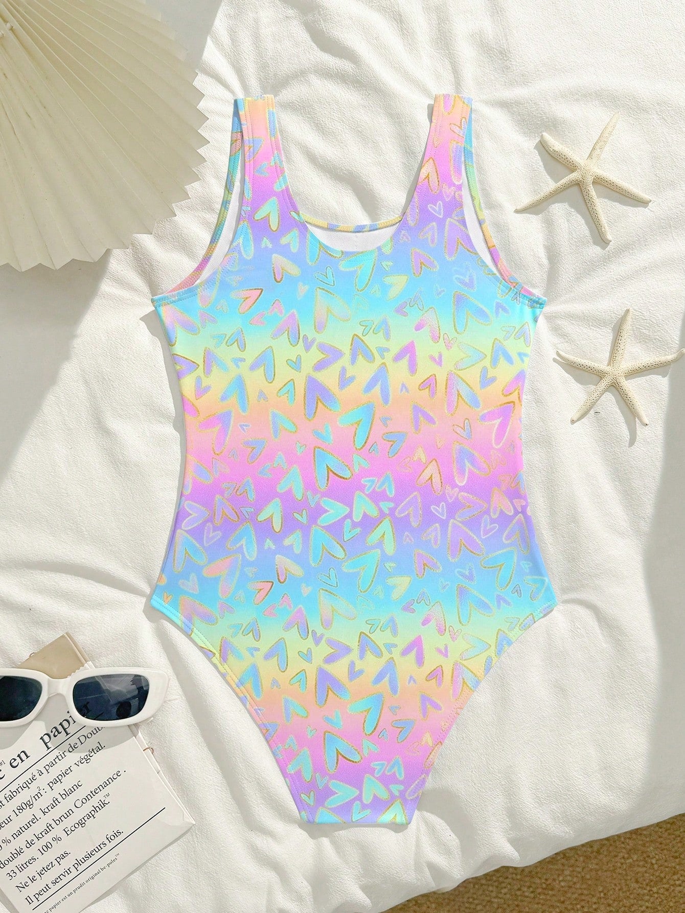 Tween girls one-piece swimsuit with a black base and multicolor tropical plant print featuring bamboo, palm leaves, plumeria flowers, scoop neck, and wide straps.