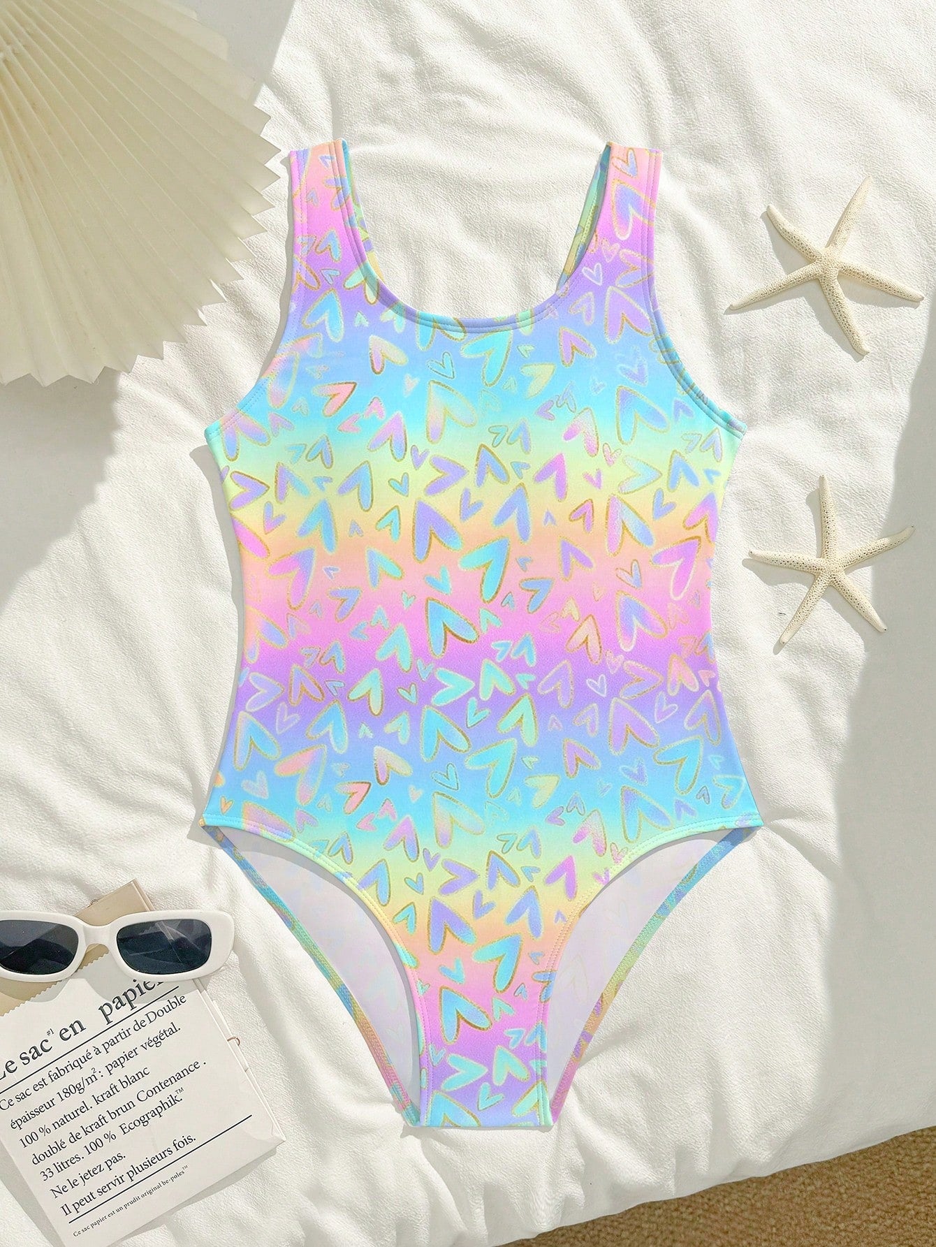 Tween girls one-piece swimsuit with a black base and multicolor tropical plant print featuring bamboo, palm leaves, plumeria flowers, scoop neck, and wide straps.