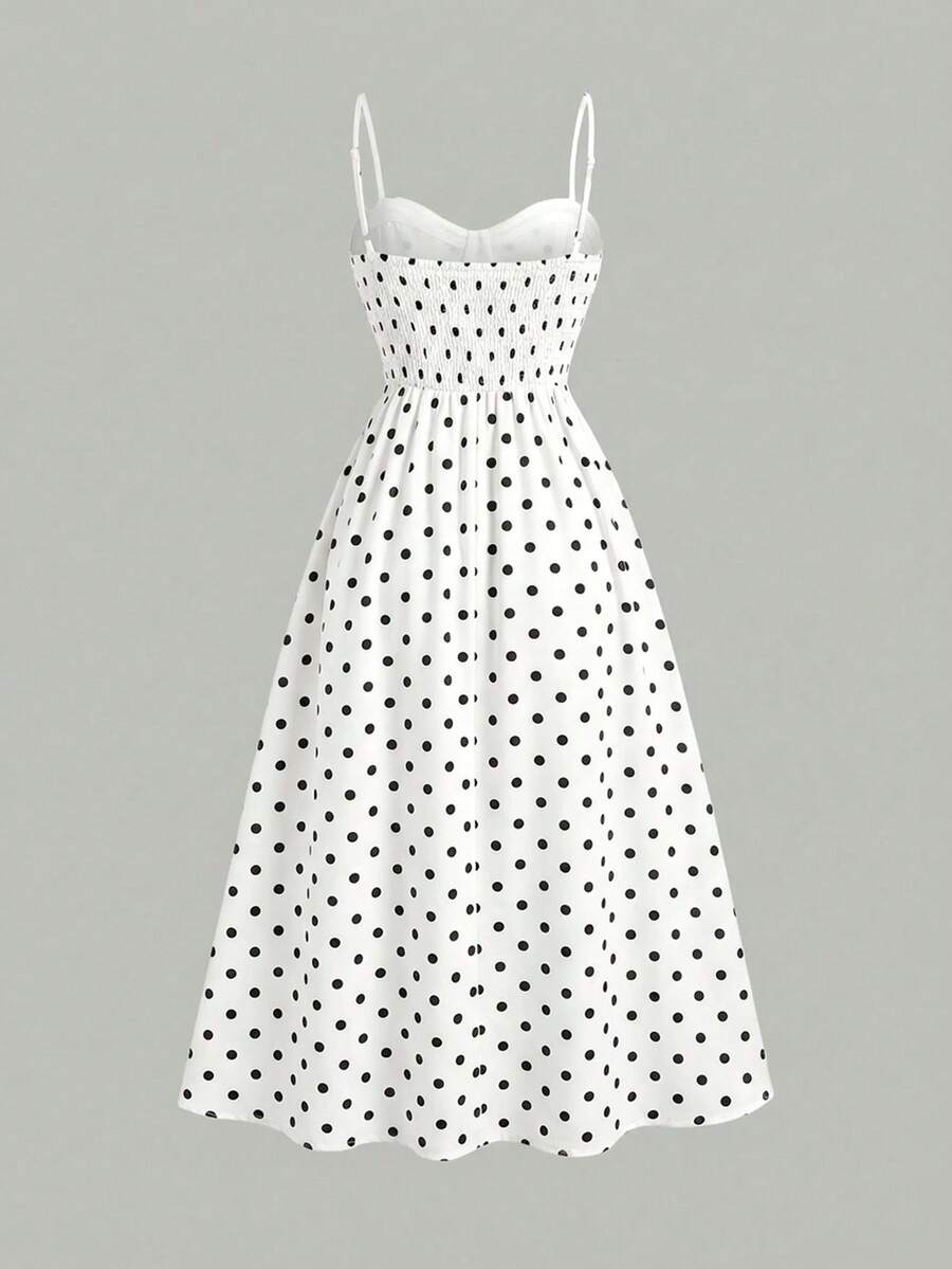Tween girls apricot polka dot long cami dress with shoulder straps, high waist, and flared A-line skirt.