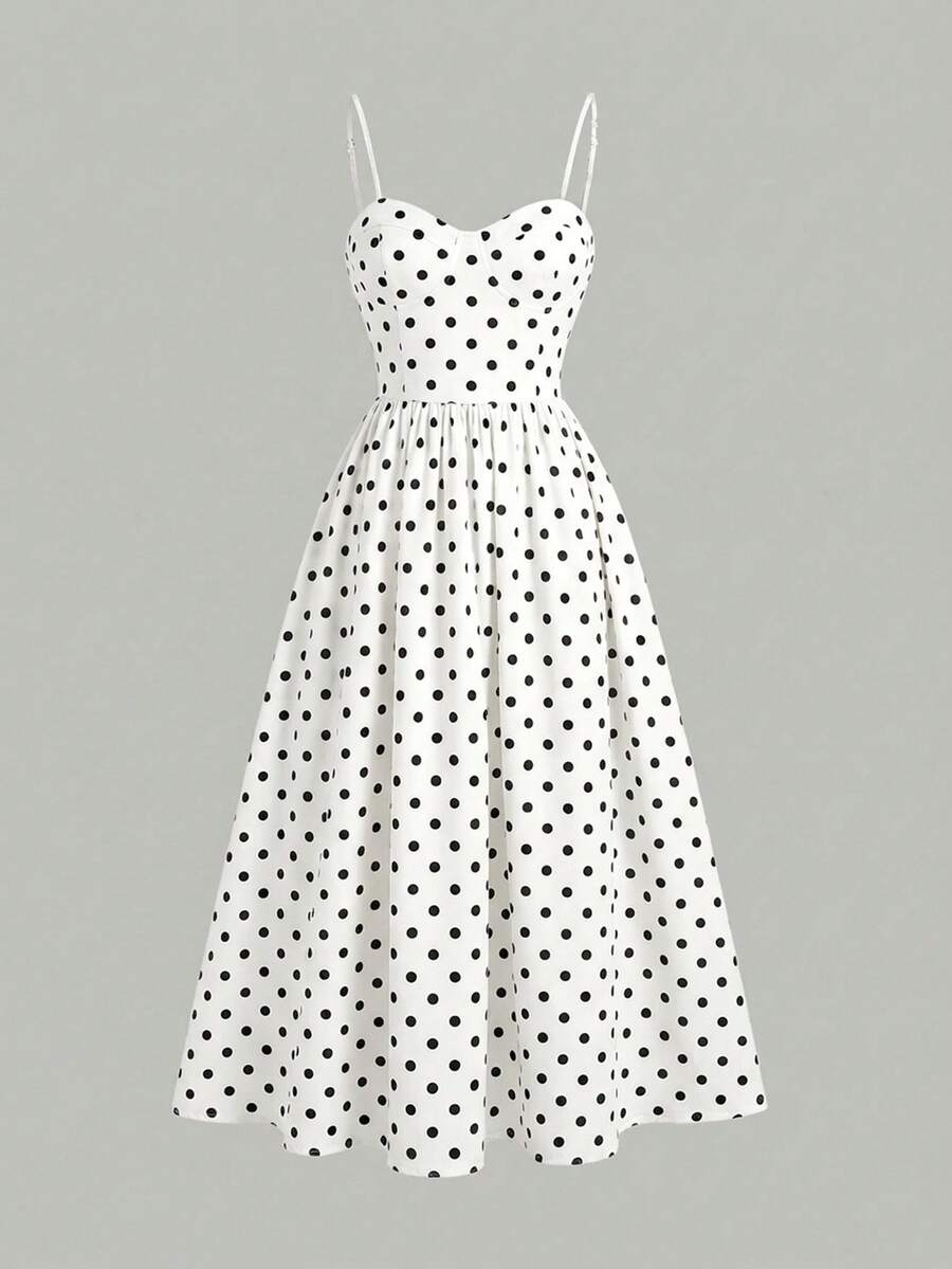 Tween girls apricot polka dot long cami dress with shoulder straps, high waist, and flared A-line skirt.