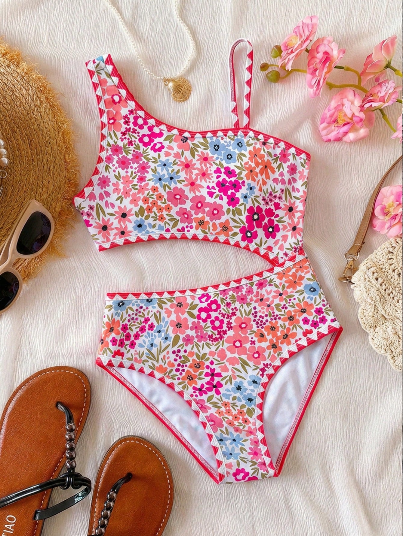 Tween girls one-piece swimsuit featuring an asymmetric neckline, pendant decor, plain design, wireless bra, high-cut bottom, and medium-stretch fabric.