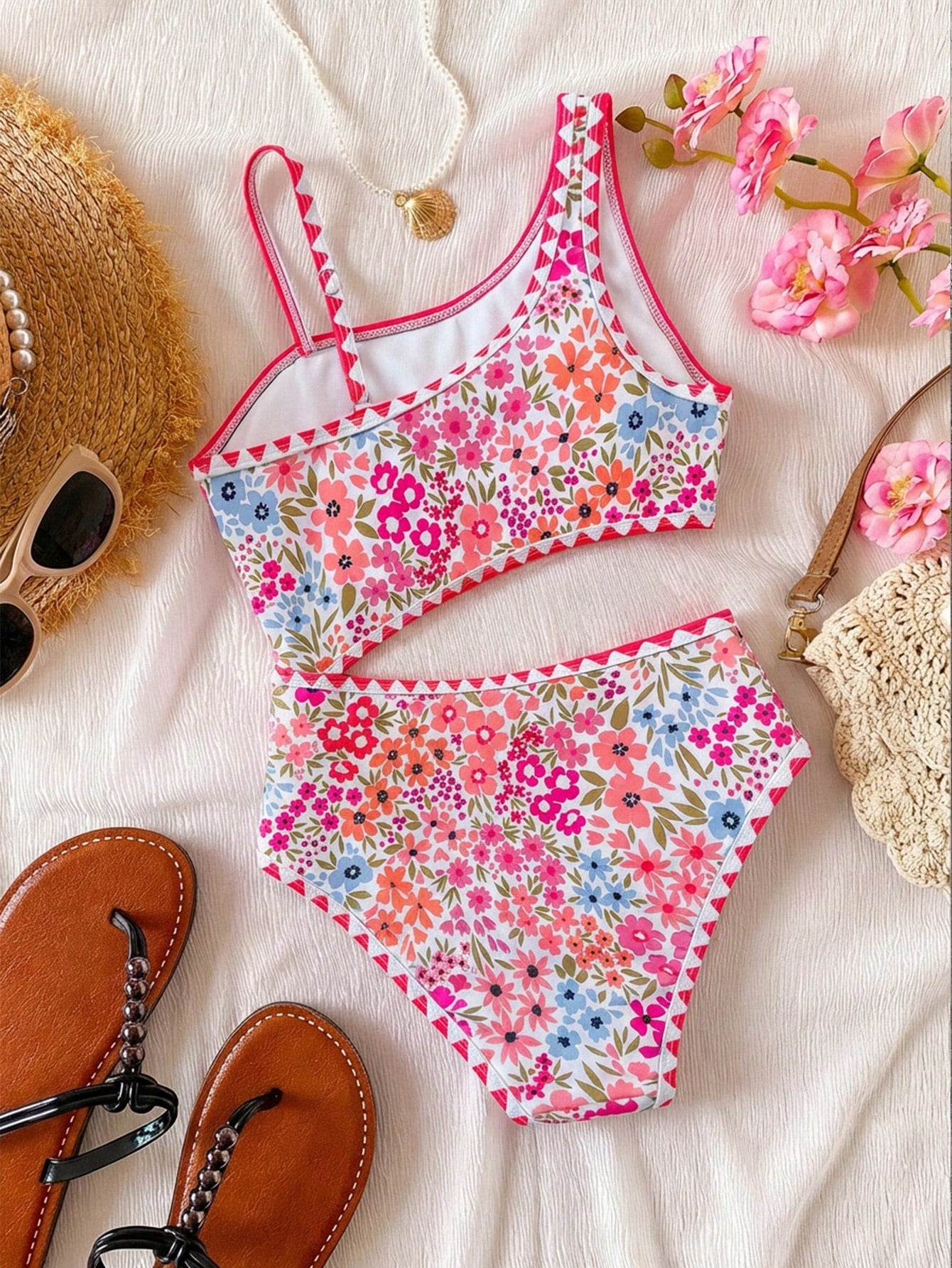 Tween girls one-piece swimsuit featuring an asymmetric neckline, pendant decor, plain design, wireless bra, high-cut bottom, and medium-stretch fabric.