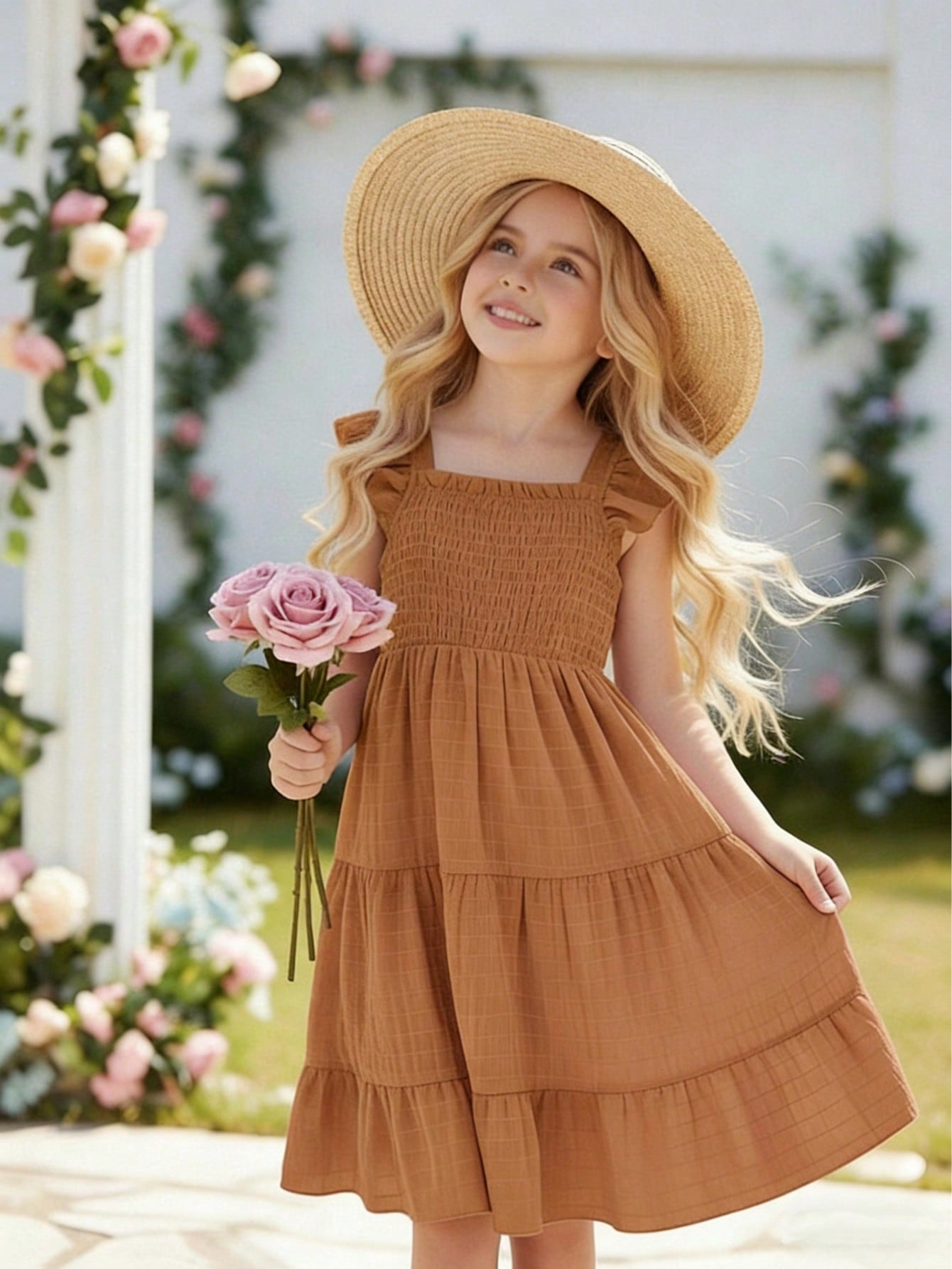 Tween girls casual long dress featuring a square neck, tiered ruffle layers, high waist shirred waist, and flounce hem.